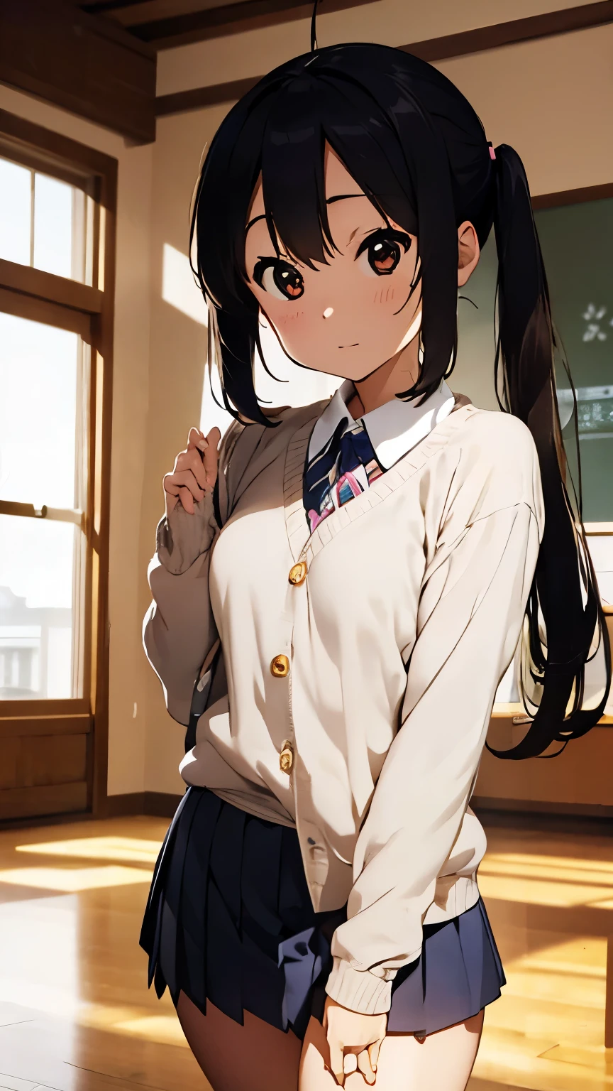 azusanakano, azusa nakano, cat ear, black hair, (brown eyes:1.5), long hair, twintails,
BREAK sakuragaoka high school uniform, school uniform, uniform, blazer, shirt, white shirt, collared shirt, skirt, pleated skirt,
BREAK indoors, classroom,
BREAK looking at viewer, (cowboy shot:1.5),
BREAK (masterpiece:1.2), best quality, high resolution, unity 8k wallpaper, (illustration:0.8), (beautiful detailed eyes:1.6), extremely detailed face, perfect lighting, extremely detailed CG, (perfect hands, perfect anatomy),