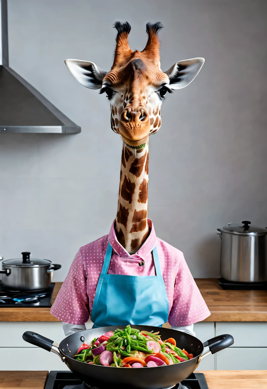 Beautiful giraffe is frying, Wearing a pink and blue apron, Accompanied by stir-frying and dynamic movements,
background: kitchen, high detail, Super quality, Surreal, anthropomorphic, photo, 8k, interesting, comical,