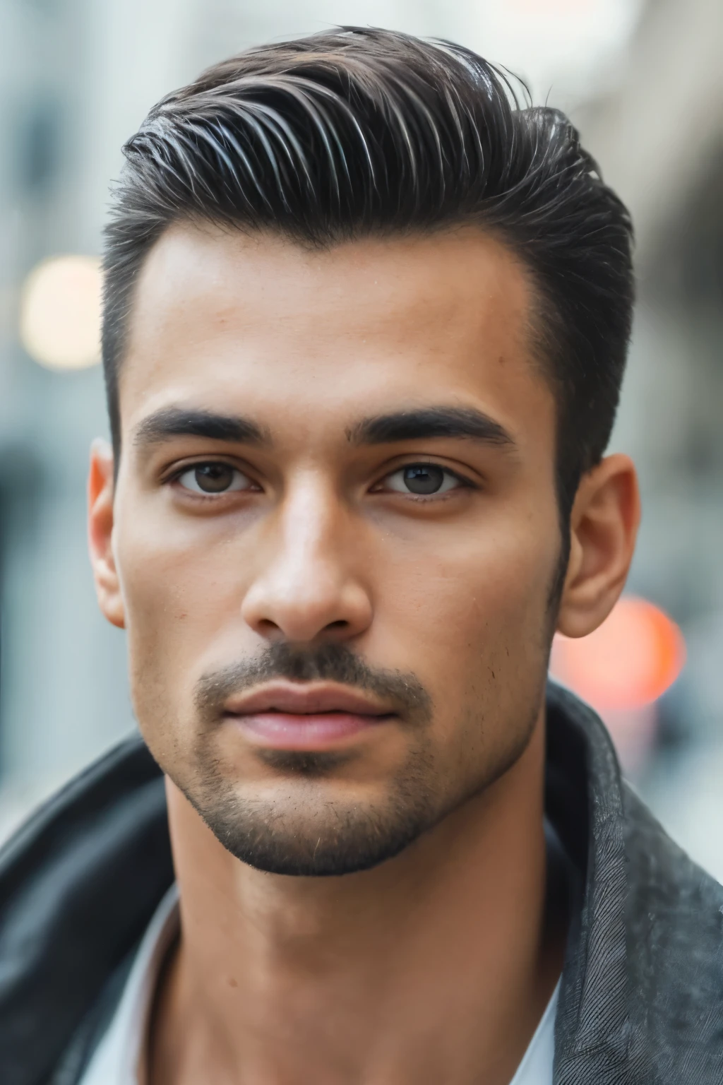A highly realistic face of a 32-year-old young man, ultrahigh definition profile photo.

((Best quality, 8k, Masterpiece, Sharp focus, 50mm lens, f/1.4, stunning realistic figure :1.6)), natural lighting, ((prominent cheekbones, strong jawline ),), (formal shirt:1.2), (minimalist background:1.2), detailed eyes with well-defined pupils:1.2, highly detailed skin with natural pores and small imperfections:1.2, defined eyebrows and facial hair, crisp clothes texture, center focus, DSLR, film grain added for an authentic look.