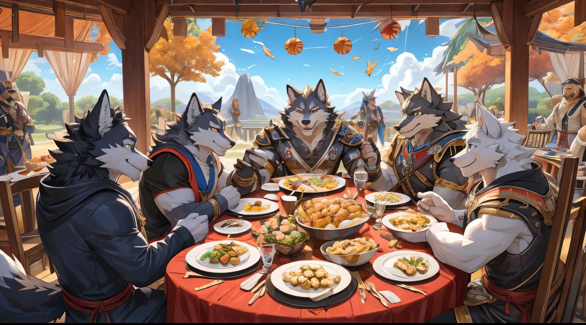 dynamic pose, absurdres(highly detailed beautiful face and eyes)perfect anatomy, (ultra detailed), sharp focus, niji, eyesgod, black eye, furry, white beard, anthro (wolf), male, middle-aged, white belly, muscular, adventure costume, high quality illustrations, detailed background, thanksgiving celebration party at wide field, blue sky with clouds, eating the food, group shot, 6+boys, Happy, joyful, (Photos taken with friends), (best quality), (masterpiece), high details, award winning, highres, HD, 16k
