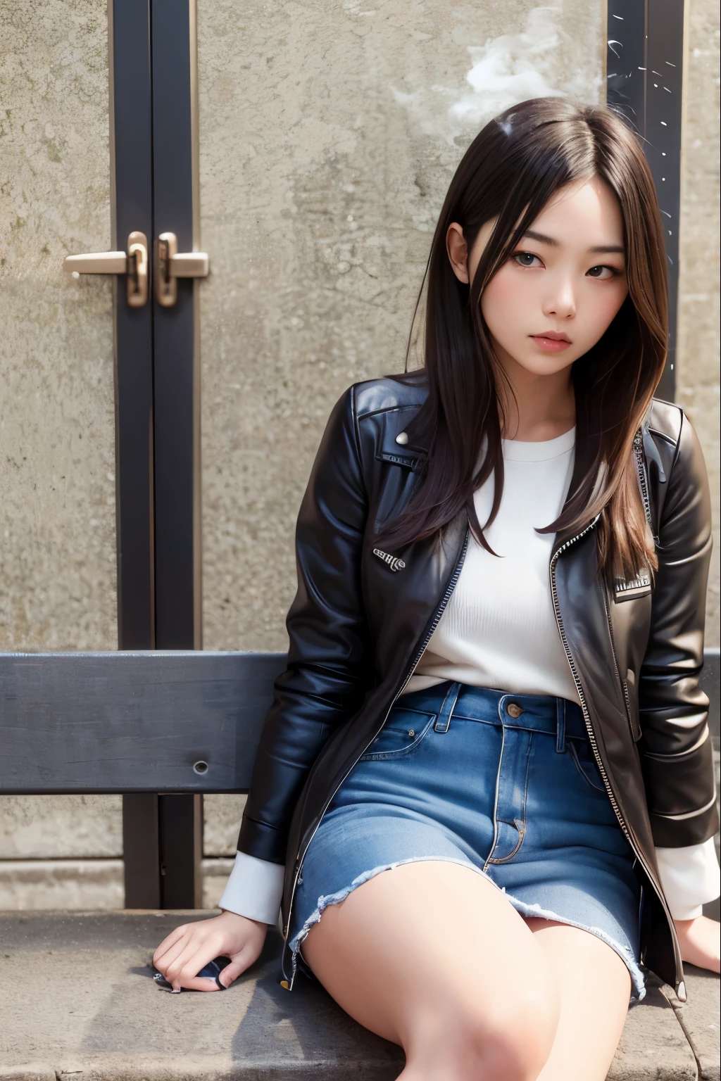 arafed woman sitting on the bench smoking a cigarette, young asian girl, a young asian women, young asian women, casual pose, asian girl, korean girl, sitting on the bench, sitting on the bench, smoke outside, take a smoking break, mid shot portrait, thoughtful pose, beautiful asian girl, japanese model, asian women, long black hair,公園のsitting on the bench,put a cigarette in your mouth,green heart coat,black tight mini skirt,cross your legs and stare