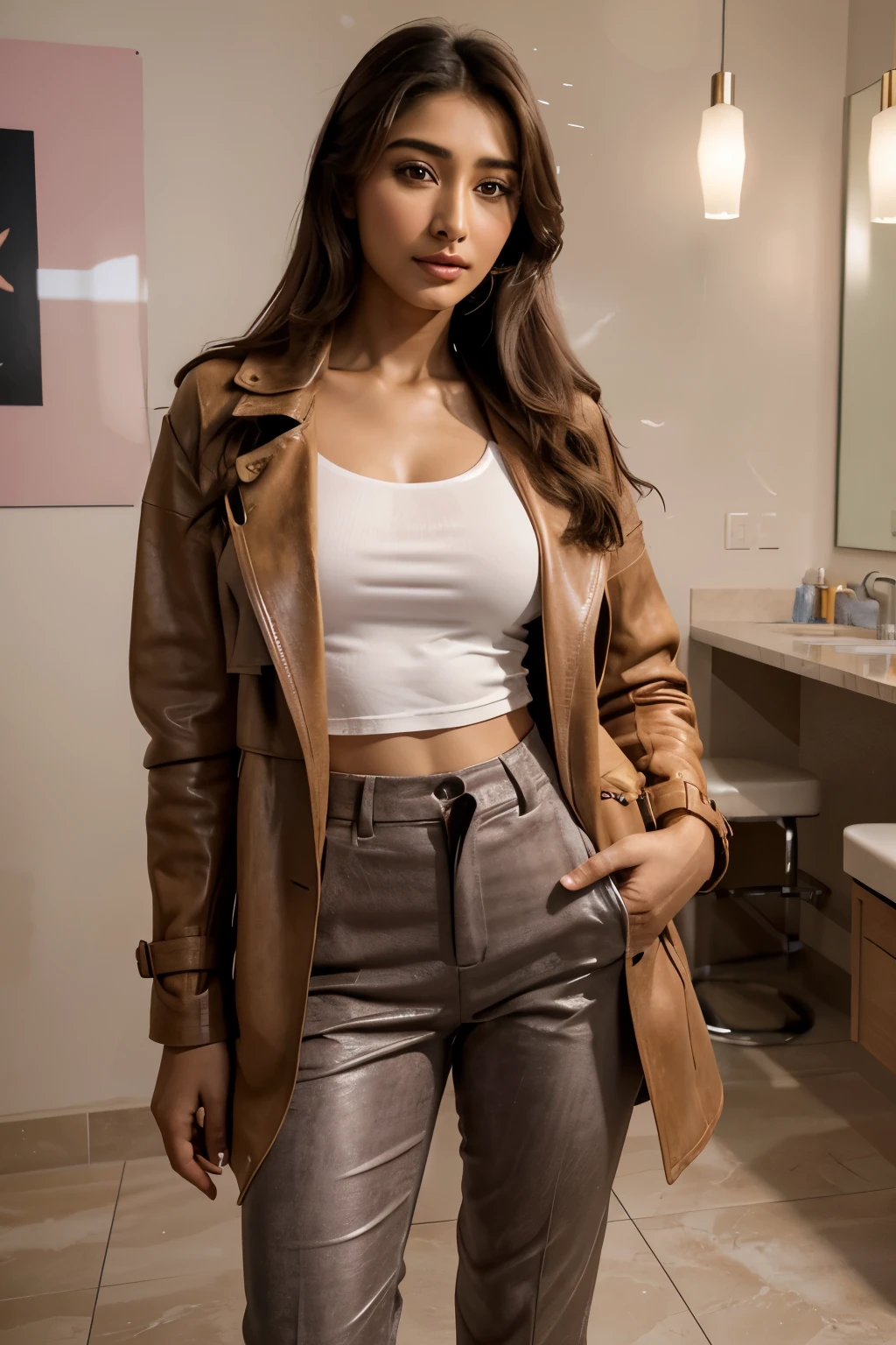 masterpiece, Best Quality, Photorealistic, Ultra-detailed, hight resolution, 8k Wallpapers, 1 beautiful woman, face of actress pooja hegde, vibrant pastel trench coat with assymmetrical cuts and a patchwork of suede and leather materials, soft color straight-fit trousers and a grey tee, leather high heels, corpo inteiro, In a beauty salon with shades of pink, Realistic image, 8k, without glasses, light brown messy hair, Perfect dynamic composition, Beautiful detailed eyes