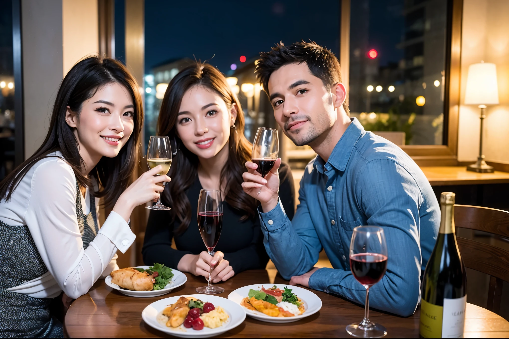 64k, UHD, highest quality, masterpiece: 1.2), (realistic, photorealistic: 1.37), Super detailed, celebration party、beauty、charming、beautiful mature woman、3 women who love wine、three men、champagne、Sparkling wine、winter night、restaurantでワイン宴会、(slimな男女4名),(Wine party for 5 people)、(slimフェイス),Happy、 最高なsmile、Fox Face、Raccoon face、Berry Short、(because I'thin), (brown hair), (shortcut), long sleeve shirt、winter fashion、Colombia、Brazilian、Japanese、Dutch、German、Portuguese、Belgian、Italian、french, (gushing), (slimボティ), (brown hair), (shortcut), 端正なbeauty、cheeks blush a little, (41 years old), 38 years old, 35 years old、32 years old、 A beautiful and detailed night view spreads out outside the window......, restaurant, wine glassが座っている, At night, in a prominent place (from the Upper body) nova frog style, actress, model, Upper body, White wine, slim, wine glass, Very beautiful night view, wine glass Put in the Middle, Happy smile, (smile: 1.15),