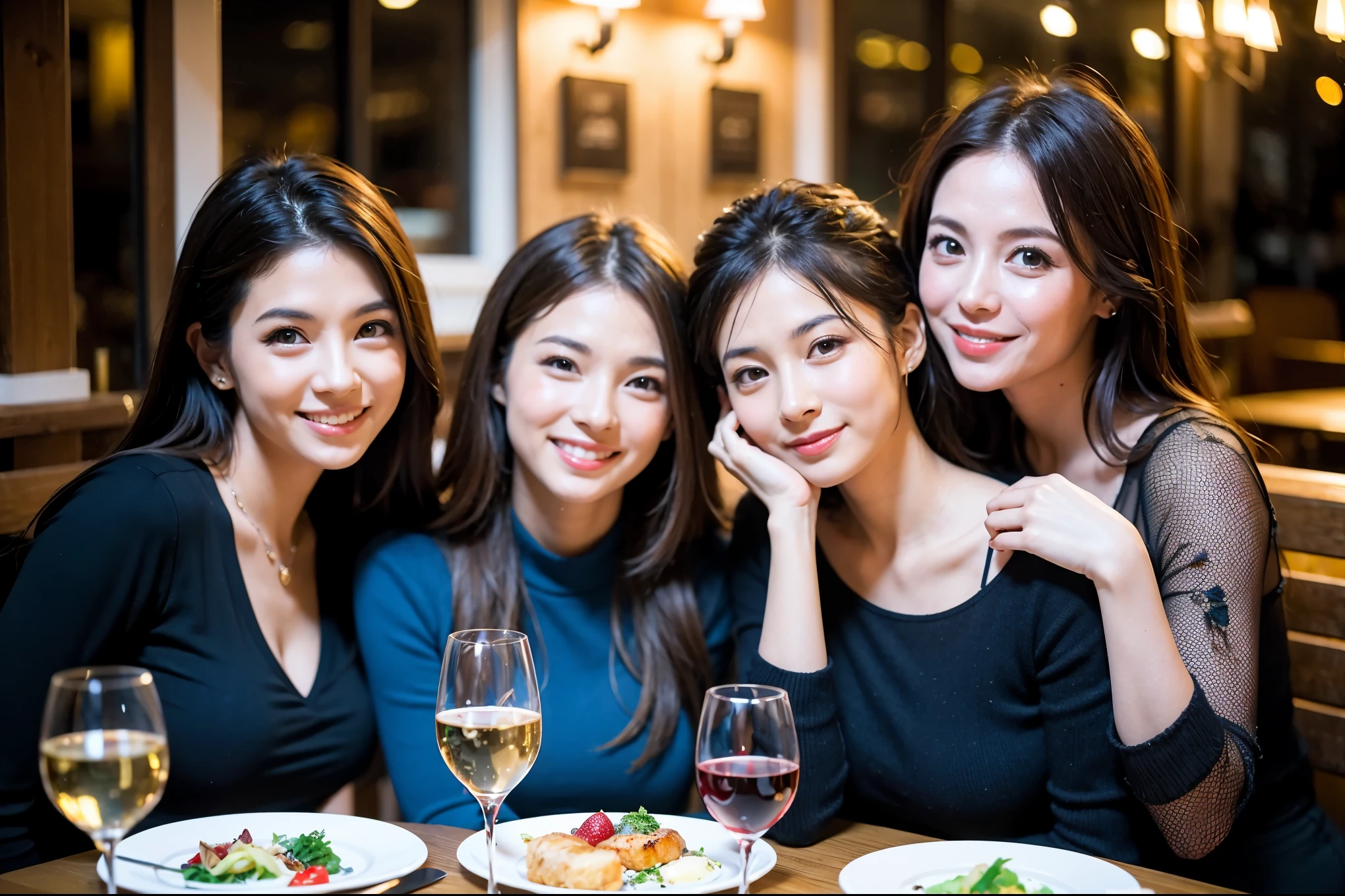 64k, UHD, highest quality, masterpiece: 1.2), (realistic, photorealistic: 1.37), Super detailed, celebration party、beauty、charming、beautiful mature woman、3 women who love wine、three men、champagne、Sparkling wine、winter night、restaurantでワイン宴会、(slimな男女4名),(Wine party for 5 people)、(slimフェイス),Happy、 最高なsmile、Fox Face、Raccoon face、Berry Short、(because I'thin), (brown hair), (shortcut), long sleeve shirt、winter fashion、Colombia、Brazilian、Japanese、Dutch、German、Portuguese、Belgian、Italian、french, (gushing), (slimボティ), (brown hair), (shortcut), 端正なbeauty、cheeks blush a little, (41 years old), 38 years old, 35 years old、32 years old、 A beautiful and detailed night view spreads out outside the window......, restaurant, wine glassが座っている, At night, in a prominent place (from the Upper body) nova frog style, actress, model, Upper body, White wine, slim, wine glass, Very beautiful night view, wine glass Put in the Middle, Happy smile, (smile: 1.15),