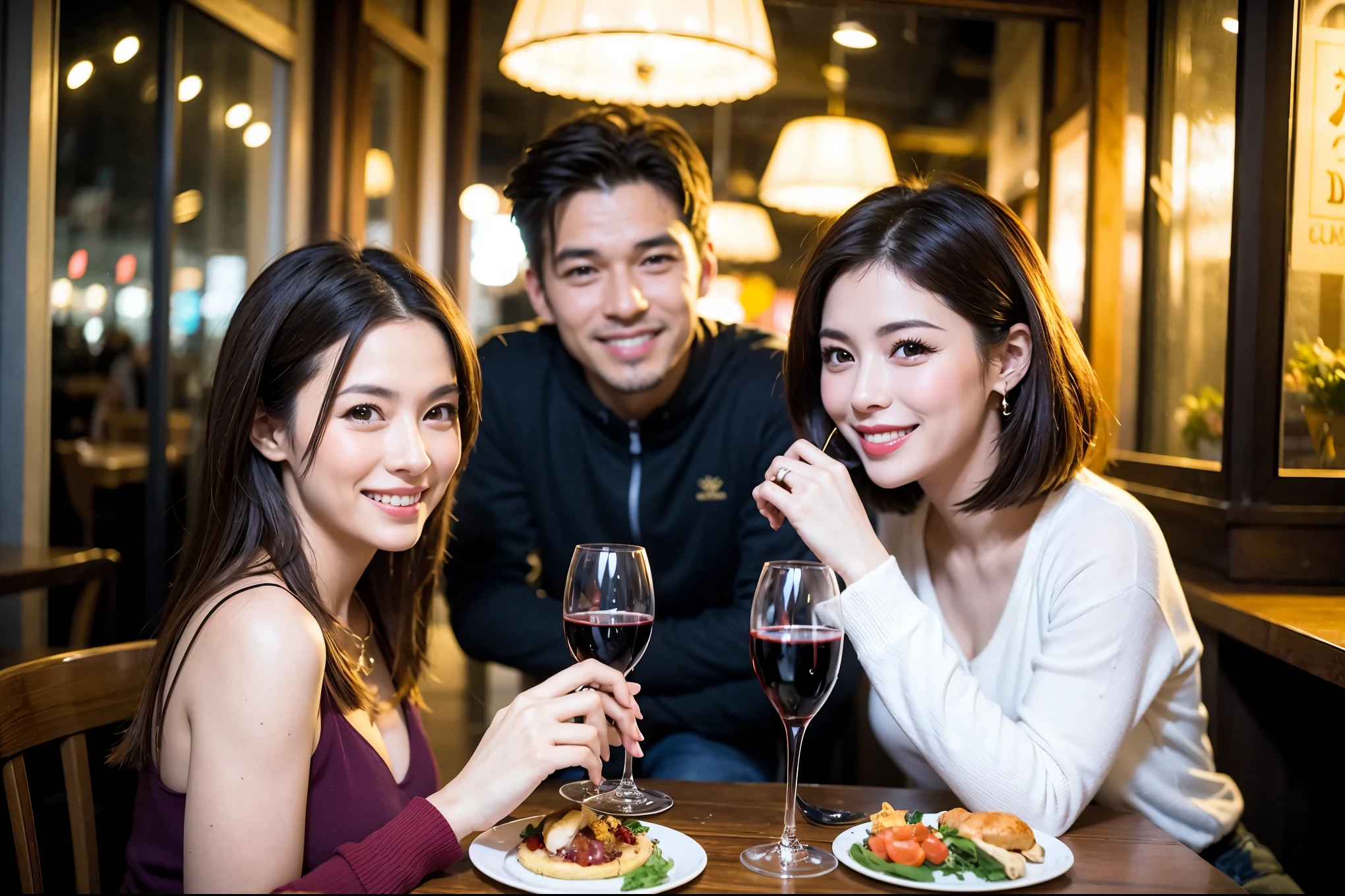 64k, UHD, highest quality, masterpiece: 1.2), (realistic, photorealistic: 1.37), Super detailed, celebration party、beauty、charming、beautiful mature woman、3 women who love wine、three men、champagne、Sparkling wine、winter night、restaurantでワイン宴会、(slimな男女4名),(Wine party for 5 people)、(slimフェイス),Happy、 最高なsmile、Fox Face、Raccoon face、Berry Short、(because I'thin), (brown hair), (shortcut), long sleeve shirt、winter fashion、Colombia、Brazilian、Japanese、Dutch、German、Portuguese、Belgian、Italian、french, (gushing), (slimボティ), (brown hair), (shortcut), 端正なbeauty、cheeks blush a little, (41 years old), 38 years old, 35 years old、32 years old、 A beautiful and detailed night view spreads out outside the window......, restaurant, wine glassが座っている, At night, in a prominent place (from the Upper body) nova frog style, actress, model, Upper body, White wine, slim, wine glass, Very beautiful night view, wine glass Put in the Middle, Happy smile, (smile: 1.15),