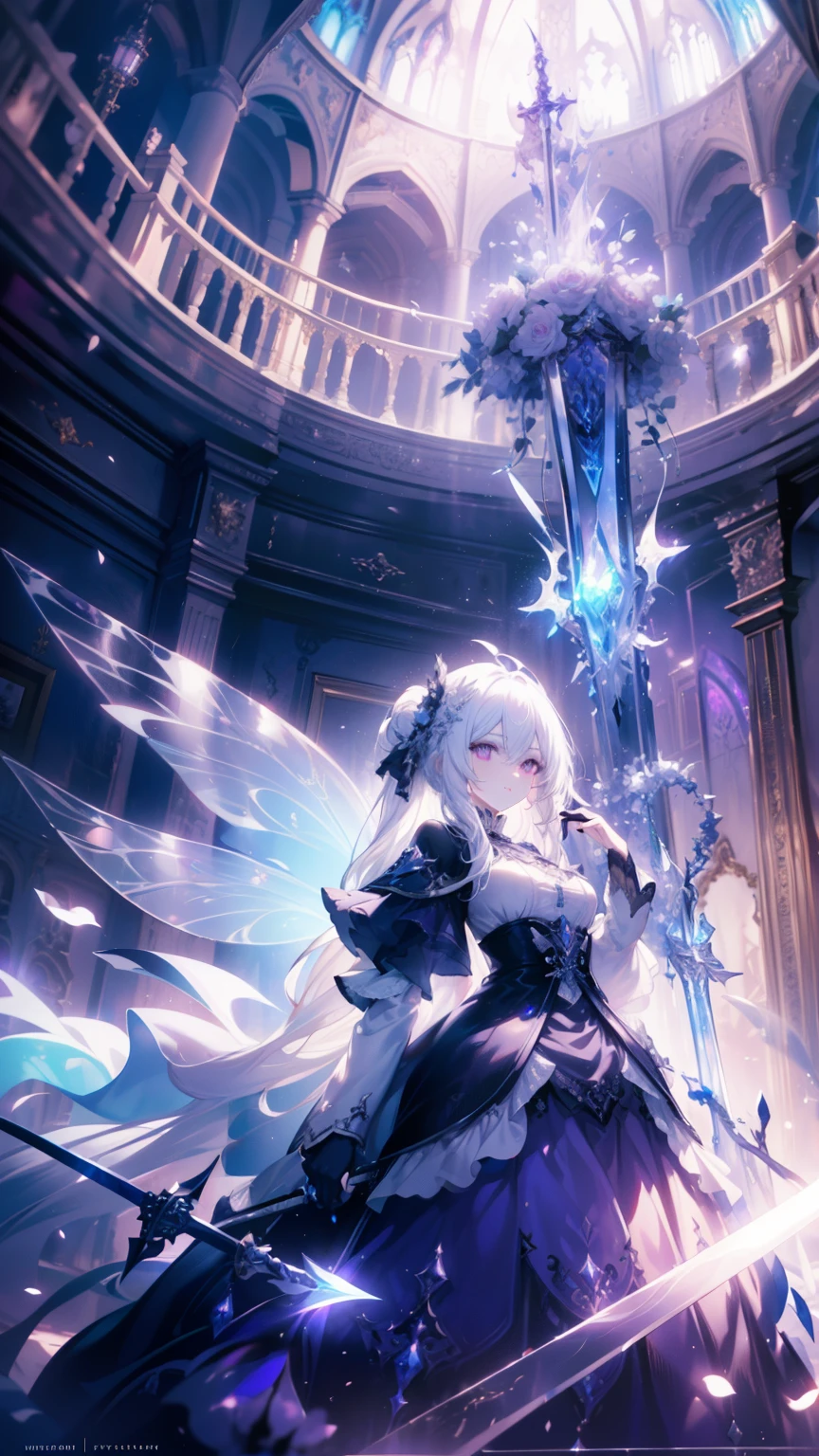 (best quality, masterpiece, ultra detailed, insanely detailed, exquisite, 16K, absurdres, Full-HD), gothic architecture castle, Lavish and ornate decorations,(Fairy Knight Princess, purple eyes, big eyes, pale skin, tall, slim, lanky),(determined, mad, serious expression), (((Prepare to strike with a sword:1.2))), looking at viewer, covering one eye, long hair tied back, white hair, (fantasy, romantic atmosphere), theatre academia, photorealistic, , (medium shot), (from below), low angle shot,  front view, ((symmetrical composition)), glowing, (dramatic lighting), (cinematic lighting), (volumetric lighting), (dynamic lighting), (bright colors), light colors, warm colors, (architectural photograph)