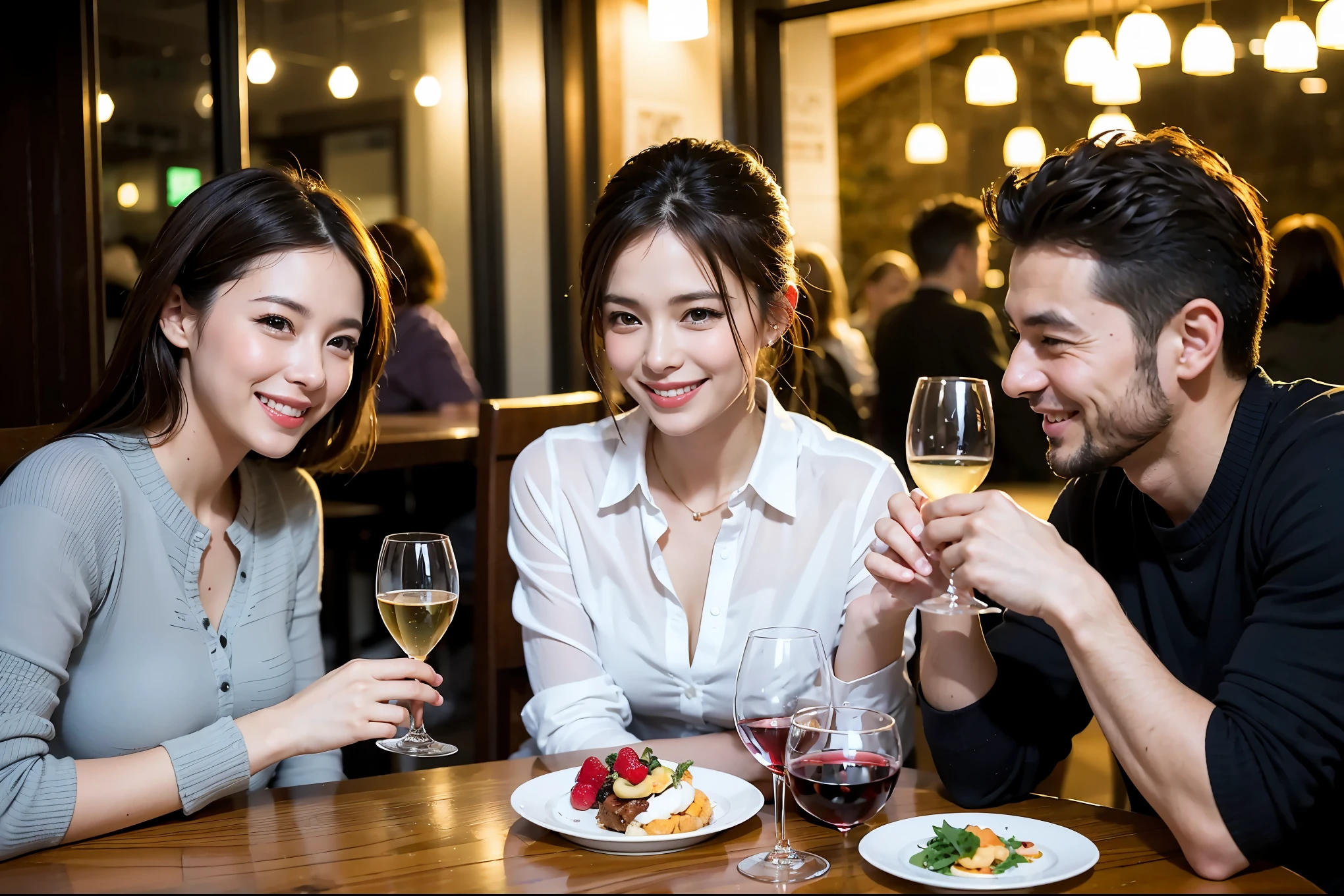 64k, UHD, highest quality, masterpiece: 1.2), (realistic, photorealistic: 1.37), Super detailed, celebration party、beauty、charming、beautiful mature woman、3 women who love wine、three men、champagne、Sparkling wine、winter night、restaurantでワイン宴会、(slimな男女4名),(Wine party for 5 people)、(slimフェイス),Happy、 最高なsmile、Fox Face、Berry Short、(because I'thin), (brown hair), (shortcut), long sleeve shirt、winter fashion、Japanese、Dutch、German、Portuguese、Belgian、Italian、french, (gushing), (slimボティ), (brown hair), (shortcut), 端正なbeauty、cheeks blush a little, (34 years old), 38 years old,32 years old、40 years old、29yo、 A beautiful and detailed night view spreads out outside the window....., restaurant, wine glassが座っている, At night, in a prominent place (from the Upper body) nova frog style, actress, model, Upper body, White wine, slim, wine glass, Very beautiful night view, wine glass Put in the Middle, Happy smile, (smile: 1.15),
