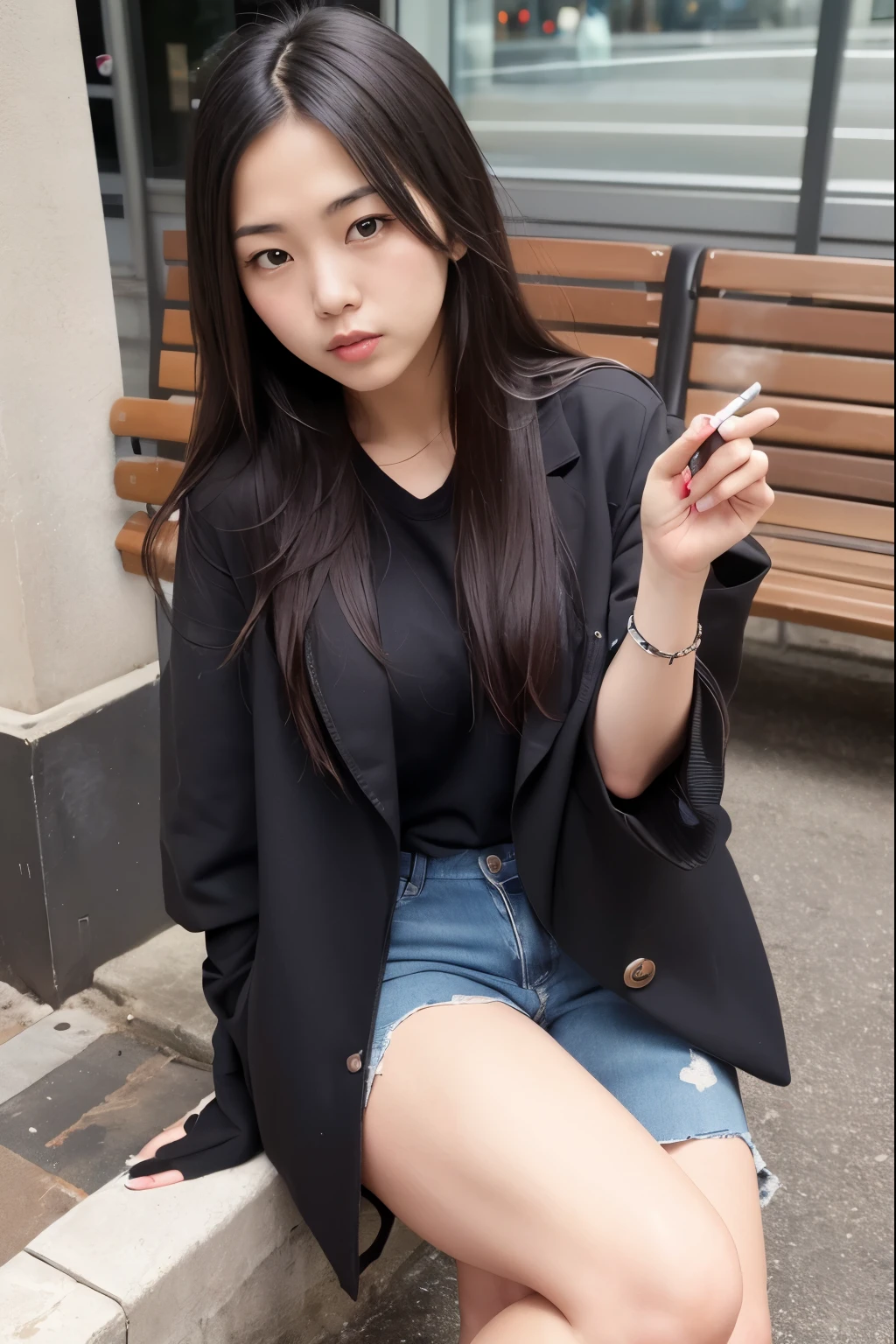 arafed woman sitting on the bench smoking a cigarette, young asian girl, a young asian women, young asian women, casual pose, asian girl, korean girl, sitting on the bench, sitting on the bench, smoke outside, take a smoking break, mid shot portrait, thoughtful pose, beautiful asian girl, japanese model, asian women, long black hair,公園のsitting on the bench,put a cigarette in your mouth,green heart coat,black tight mini skirt,cross your legs and stare