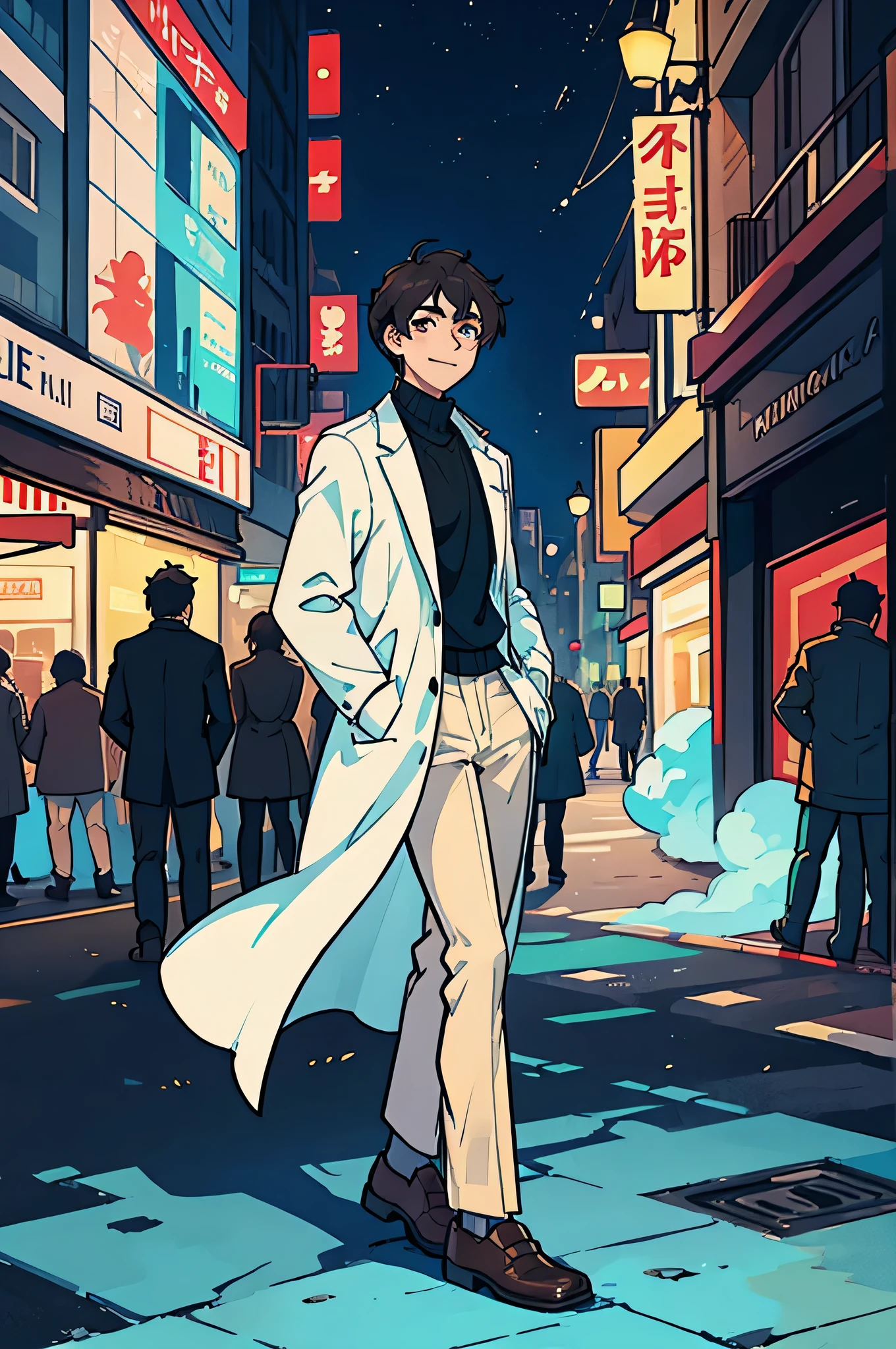 adult male，Put your hands in your pockets，bitter smile，white coat，Brown pants，teal lining，black hair，City night sky，bustling crowd，The feeling of loneliness