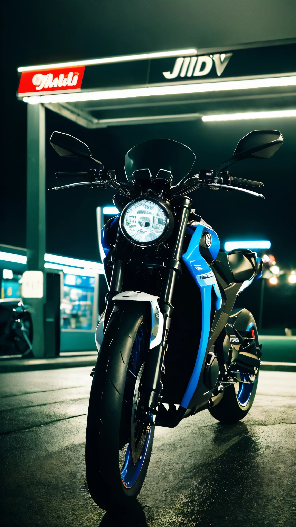 there is a man with a black leather biker jacket and blacked out helmet sitting on an Ice Blue, Yamaha R1 Bike with a heavy bodykit, custom rims. Add race stickers to the body of the bike, it is parked at a gas station at night and it is raining with lightning in the sky, a picture by Jason Teraoka, unsplash, conceptual art, “gas station photography, shell gas station, petrol aesthetic, automotive photography, bike photography, vehicle photography, night time low light, in front of a garage, add reflections at nighttime, jdm, front lit, add neon signs. Add glow effect and kodak film filter effect for nostalgia. Masterpiece, Epic, add vintage scratches and light leaks and make it Photorealistic. Add rain and water droplets.