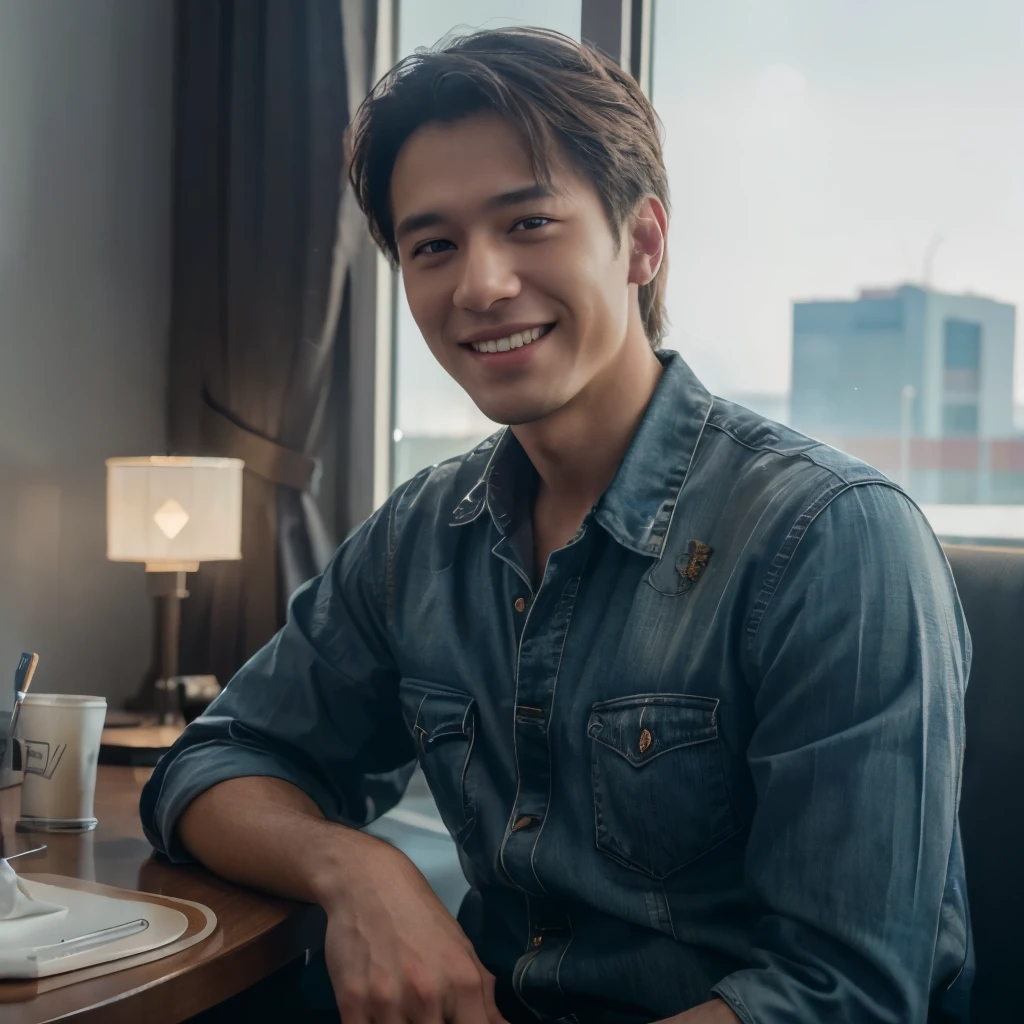 (8k, RAW photo, best quality, masterpiece:1.2), (realistic, photo-realistic:1.37),long shot,1men,smiling,ulzzang-6500-v1.1, at busy airport lounge, professional lighting, photon mapping, radiosity, physically-based rendering,cowboy shot