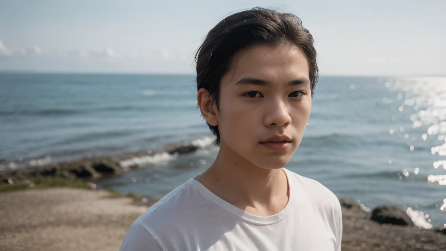 Young Asian male,Frontal photography,Look front,at the seaside,white t-shirt,short hair,To reveal the forehead,MEDIUM CLOSE SHOT,natural light,upper body,cinematic angle,The background is the sea horizon,full width,f1.8 anamorphic