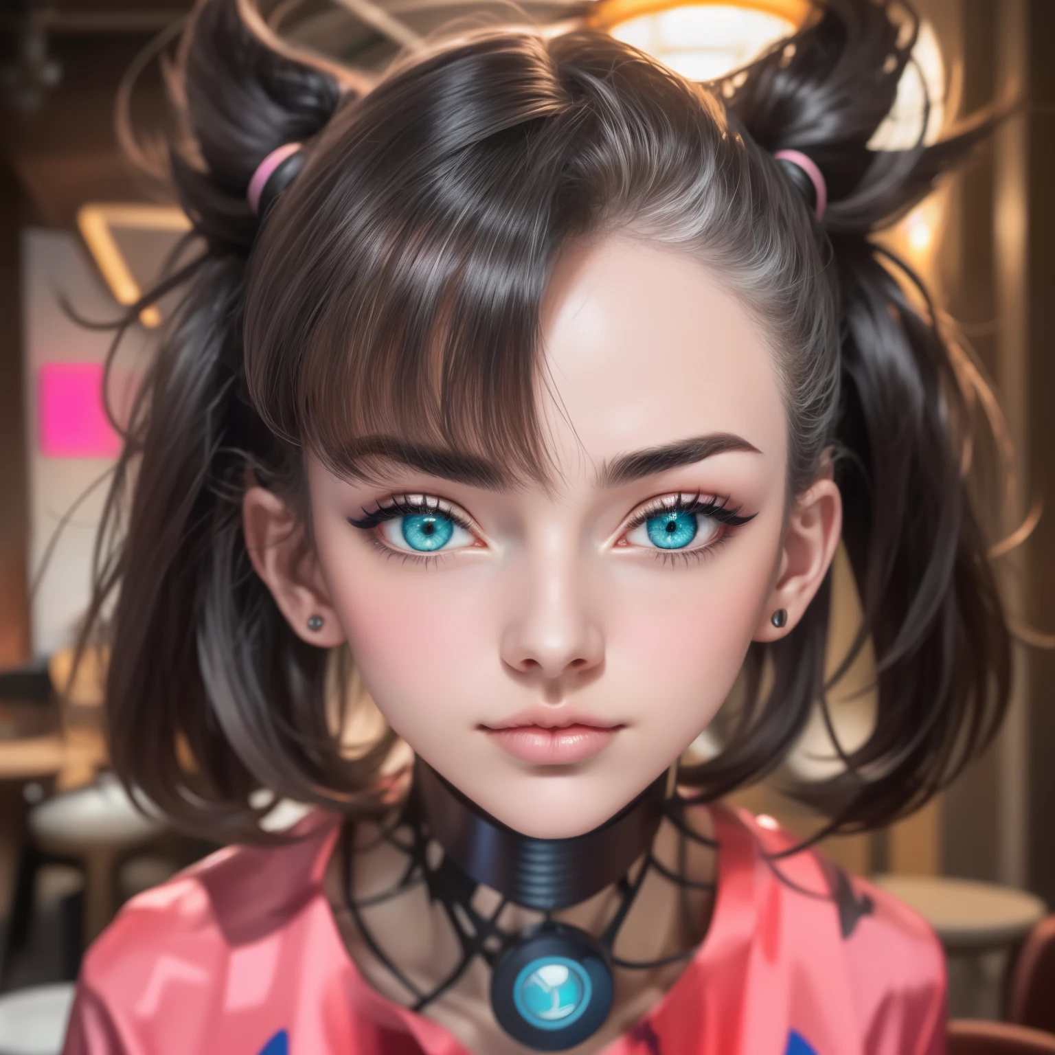 Big sleepy eyes, Aqua eyes、Glowing under the dim light. black hair, much hair, Hair with volume, messy hair, only head and shoulders, magazine style, pink top, russian woman, adult woman, 20 year old girl, looking at the viewer, frontal, hyperrealistic.