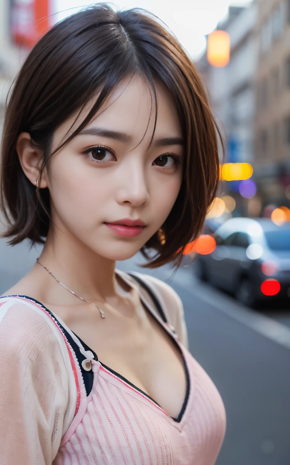 cute 21 year old japanese、Clear skies、shopping、city、super detail face、pay attention to details、double eyelid、beautiful thin nose、sharp focus:1.2、Beautiful woman:1.4、(light brown hair,short hair、),pure white skin、highest quality、masterpiece、ultra high resolution、(Photoreal:1.4)、Highly detailed and professional lighting、nice smile、Show the whole body、cute fall clothes、B cup breasts