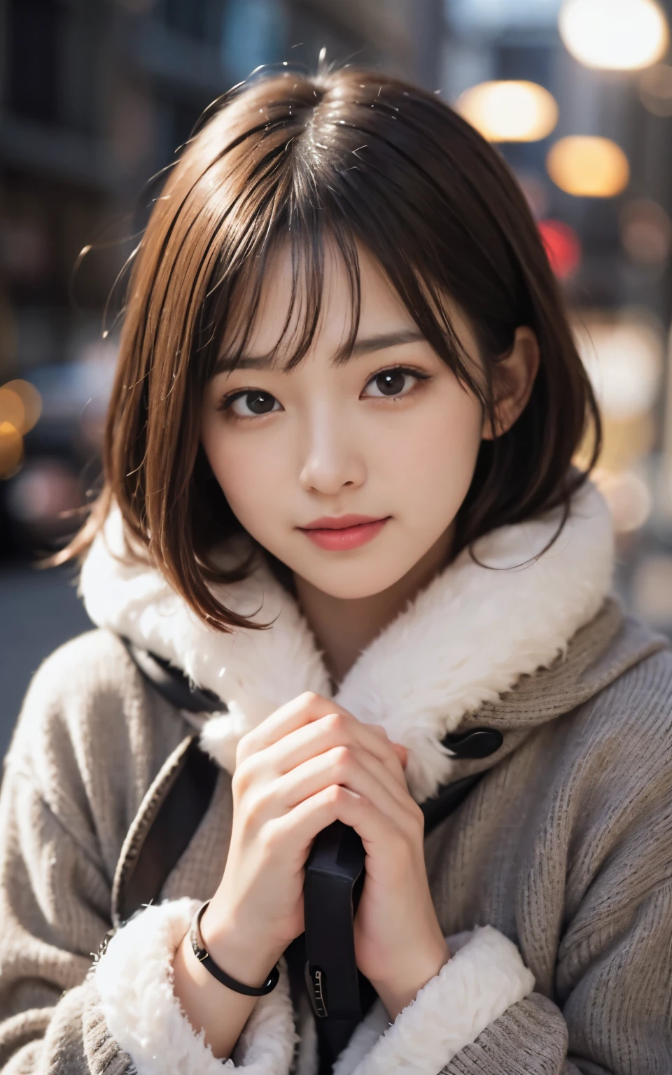 cute 21 year old japanese、Tokyo、super detail face、pay attention to details、double eyelid、beautiful thin nose、sharp focus:1.2、Beautiful woman:1.4、(light brown hair,short hair、),pure white skin、highest quality、masterpiece、ultra high resolution、(Photoreal:1.4)、Highly detailed and professional lighting、nice smile、Show the whole body、cute colorful winter clothes、B cup breasts、