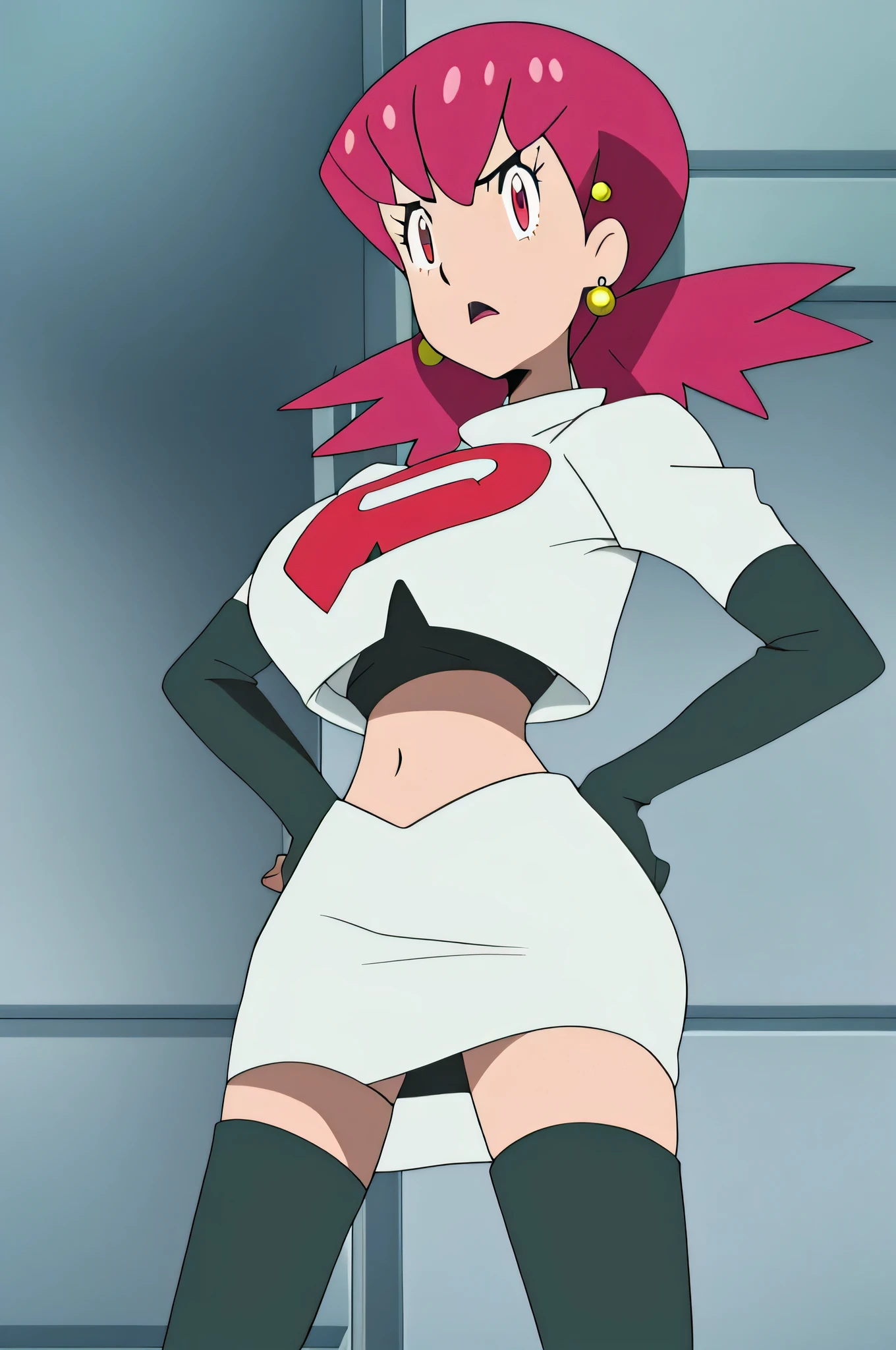 1girl in, (Solo:1.2), (Perfect body:1.1), (Best Quality:1.1), , very large breast, hands on hip,team rocket uniform, red letter r, white skirt,white crop top,black thigh-high boots, black elbow gloves, glaring angrily, looking at viewer, hands on hips,zettai ryouiki, Whitney, earrings