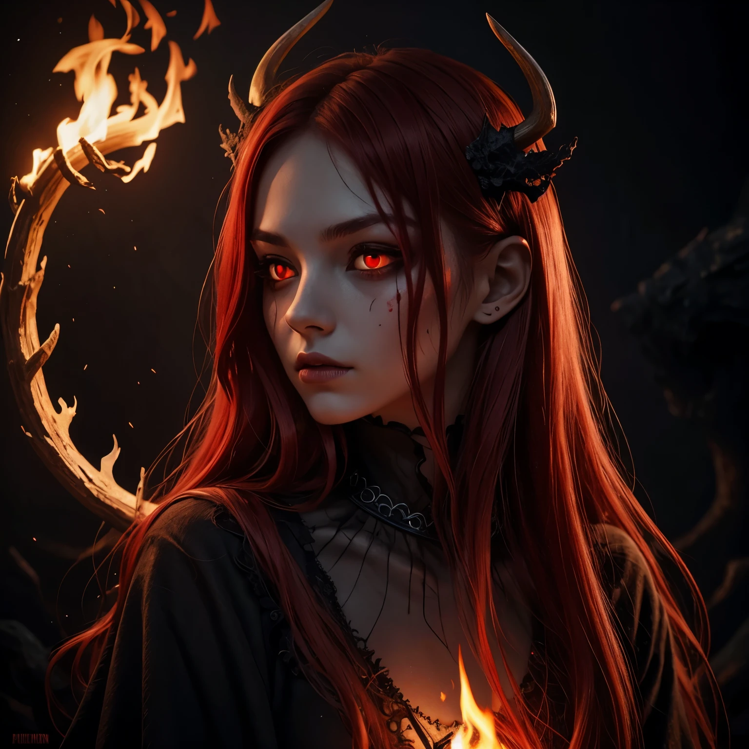 dark, unholy, evil, astral, creepy style, undead, rotting skin, mystical, nice perfect face with soft skin, young beautiful girl portrait on fire, red smoke, red fire, night, long dark red hair, antlers glowing red eyes, from side, light red glow, fire circle 