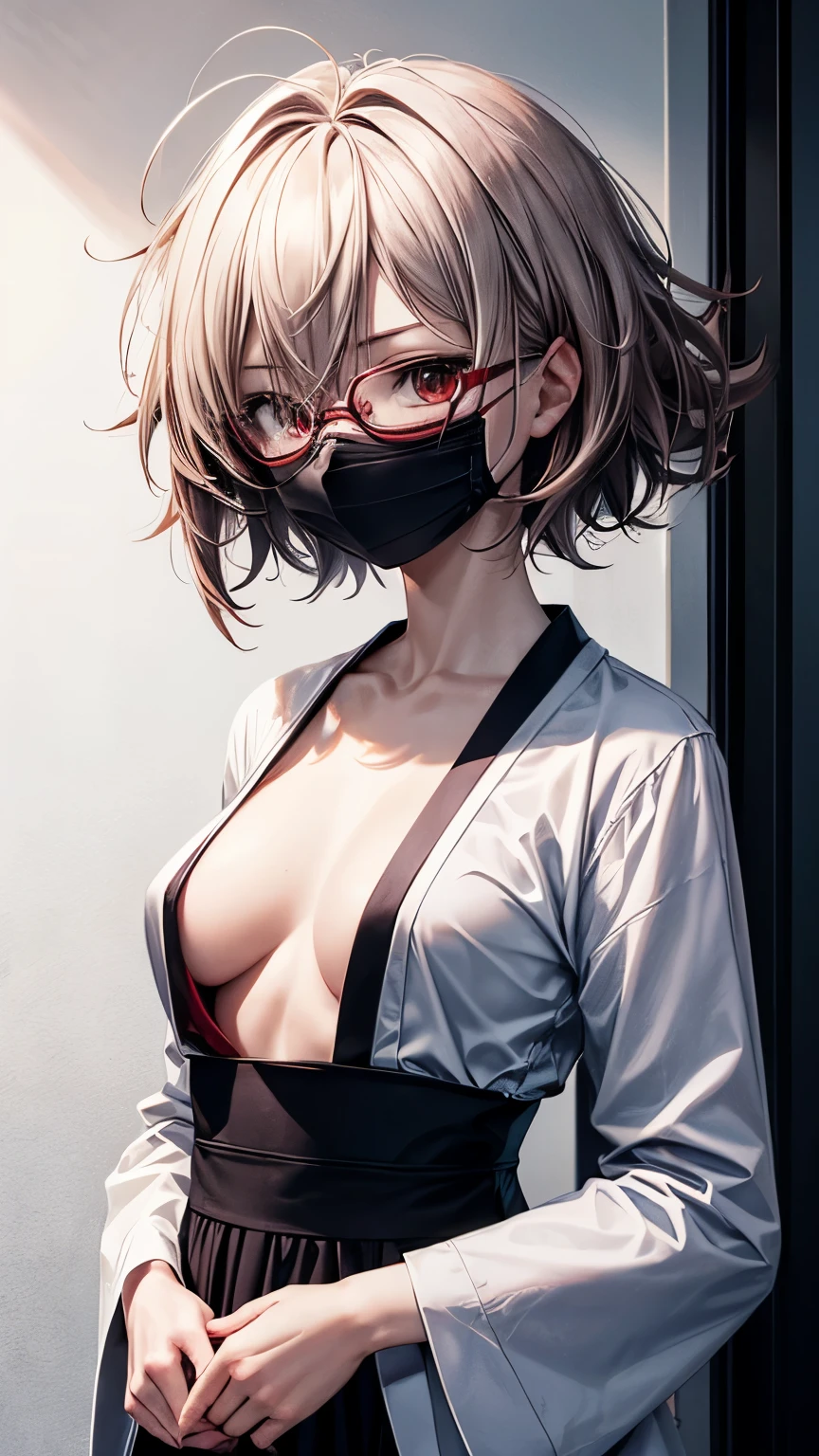 A 28 years old Japanese lady ((very small breast, slender, boyish )), very short hair (( pale red , shaggy and messy hair)), ((much shaggy forelock)), wear a oval shaped glasses, ((white mouth mask)), red sharp eyes, a black dress shirt, white coat, indigo straight pants , from below, full body, ((face focus)), put her hands on her breast , bad mood