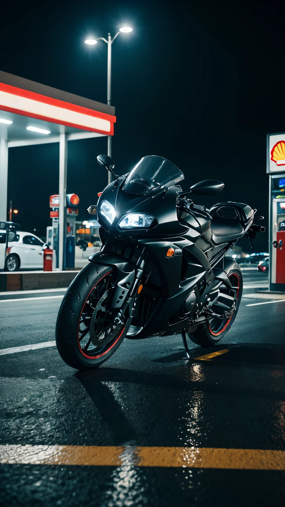 there is a man with a black leather biker jacket and blacked out helmet sitting on an Ice Blue, Yamaha R1 Bike with a heavy bodykit, custom rims. Add race stickers to the body of the bike, it is parked at a gas station at night and it is raining with lightning in the sky, a picture by Jason Teraoka, unsplash, conceptual art, “gas station photography, shell gas station, petrol aesthetic, automotive photography, bike photography, vehicle photography, night time low light, in front of a garage, add reflections at nighttime, jdm, front lit, add neon signs. Add glow effect and kodak film filter effect for nostalgia. Masterpiece, Epic, add vintage scratches and light leaks and make it Photorealistic. Add rain and water droplets.
