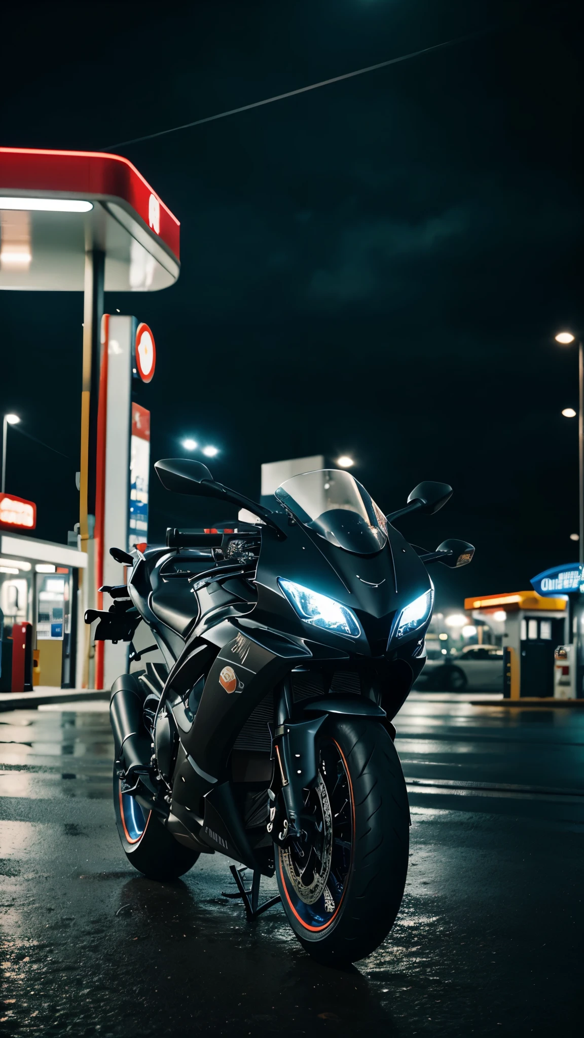 there is a man with a black leather biker jacket and blacked out helmet sitting on an Ice Blue, Yamaha R1 Bike with a heavy bodykit, custom rims. Add race stickers to the body of the bike, it is parked at a gas station at night and it is raining with lightning in the sky, a picture by Jason Teraoka, unsplash, conceptual art, “gas station photography, shell gas station, petrol aesthetic, automotive photography, bike photography, vehicle photography, night time low light, in front of a garage, add reflections at nighttime, jdm, front lit, add neon signs. Add glow effect and kodak film filter effect for nostalgia. Masterpiece, Epic, add vintage scratches and light leaks and make it Photorealistic. Add rain and water droplets.