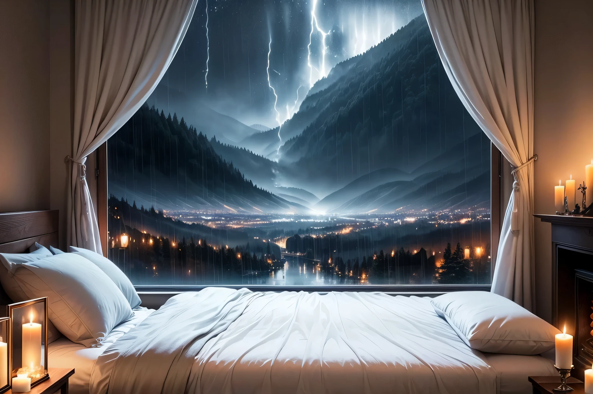 a dimly lit room with a big fireplace and a cozy bed in front of big windows, rainy night, cozy place, rainy evening, cozy atmosphere, fairy lights, twinkling, rain aesthetic, cozy home background, rainy mood, inside on a rainy day, raining at night, candles, fireflies, large windows to forest at night, rainy and gloomy atmosphere, rainy and wet atmosphere, lightening, enchanted forest, glowing, mountains, misty, dripping, fuzzy blankets, soft bedroom, fluffy bed, warm pillows, dancing flames