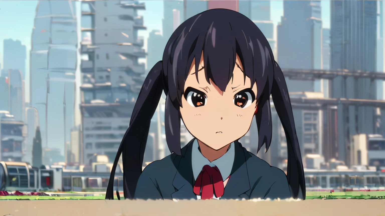 1girl, ((((Masterpiece))), Best Quality, Best Quality, High Detail, Azusa Nakano, 1girl, Sakuragaoka High School Uniform, Musical Instrument, School Uniform, Twin Tails, Long Hair, Black Hair, Brown Eyes, Solo, Red, Dark blue blazer with a thin ribbon of red, Solid white button shirt under blazer, Illustration, Cartoon, Soothing tones, Muted colors, Soft cinematic light, Adobe Lightroom, Photo Lab, HDR, complex and highly detailed, (((depth of field))))). (((Masterpiece))). (((highest quality))).) ((super detail))). (((Illustration))). (((Outside))). (((fighting stance))).,((((Giantization))).dynamic focus.small breasts. (((skyscrapers))). (((Cityscape))). (((Face of sadness))). open mouth.