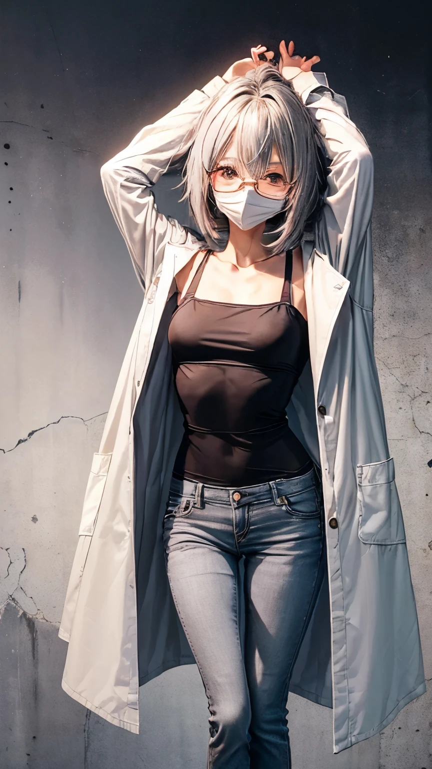 A 28 years old Japanese lady ((very small breast, slender)), very short hair (( pinky gray, shaggy hair)), ((much shaggy forelock)), wear a oval shaped glasses, mouth mask, red sharp eyes, a black dress shirt, white coat, indigo straight jeans, from below, full body, ((face focus)), arms up around chest , sharp atmosphere 