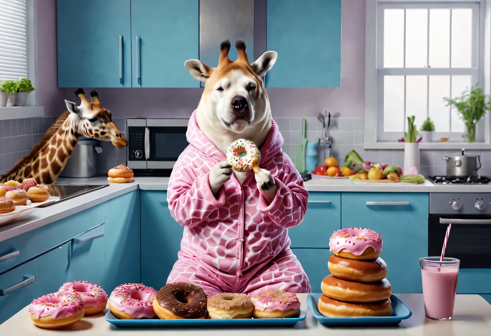 A chubby dog in pink pajamas is eating a donut ,A giraffe in a blue sportswear is frying vegetables. background: kitchen, high detail, Super quality, Surreal, anthropomorphic, photo, 8k, interesting, comical,