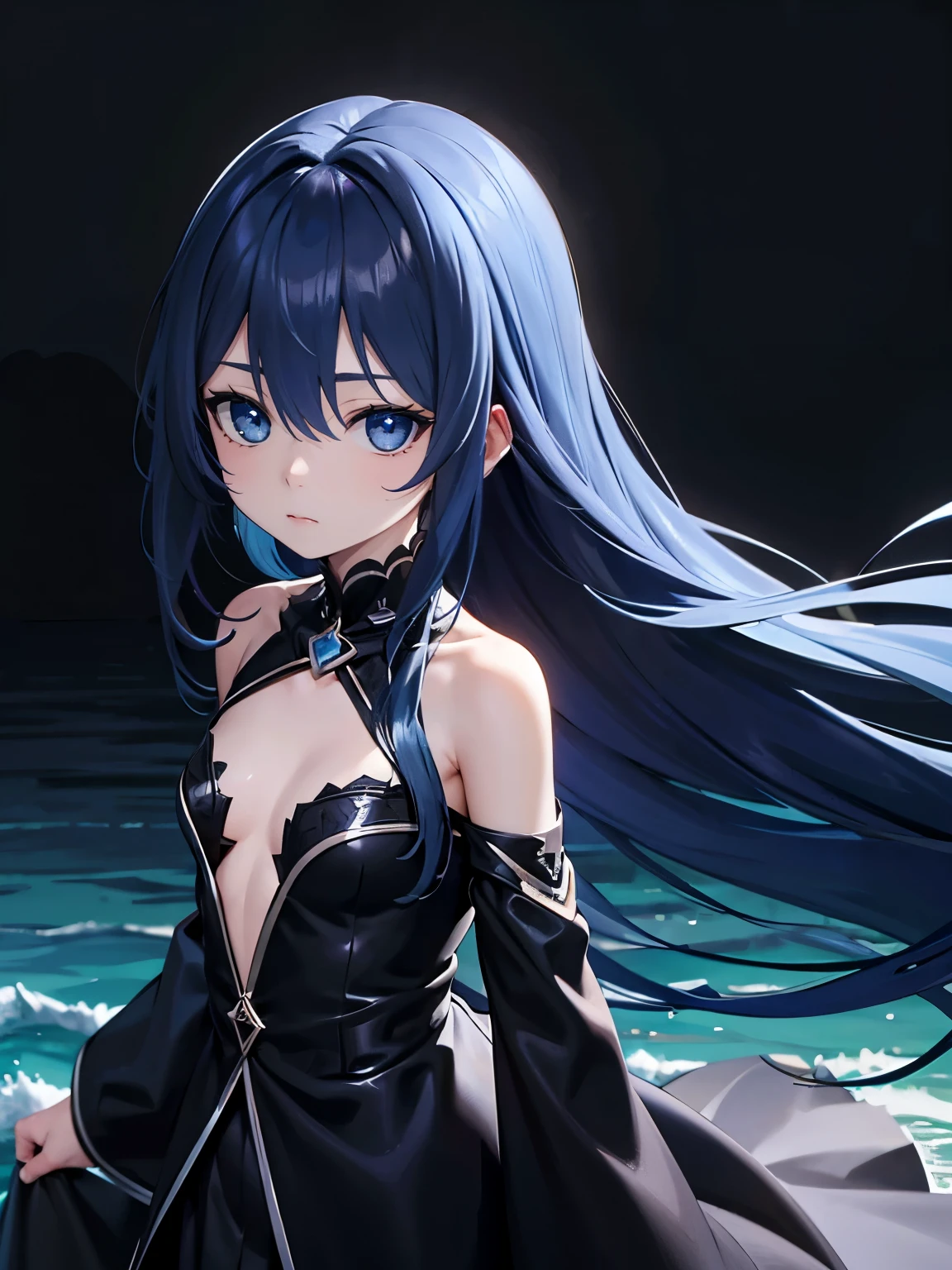 Long hair, mixed skin, blue hair, black eyes, black irises, black pupils, black gown, kuudere, blank expression, ocean blue hair