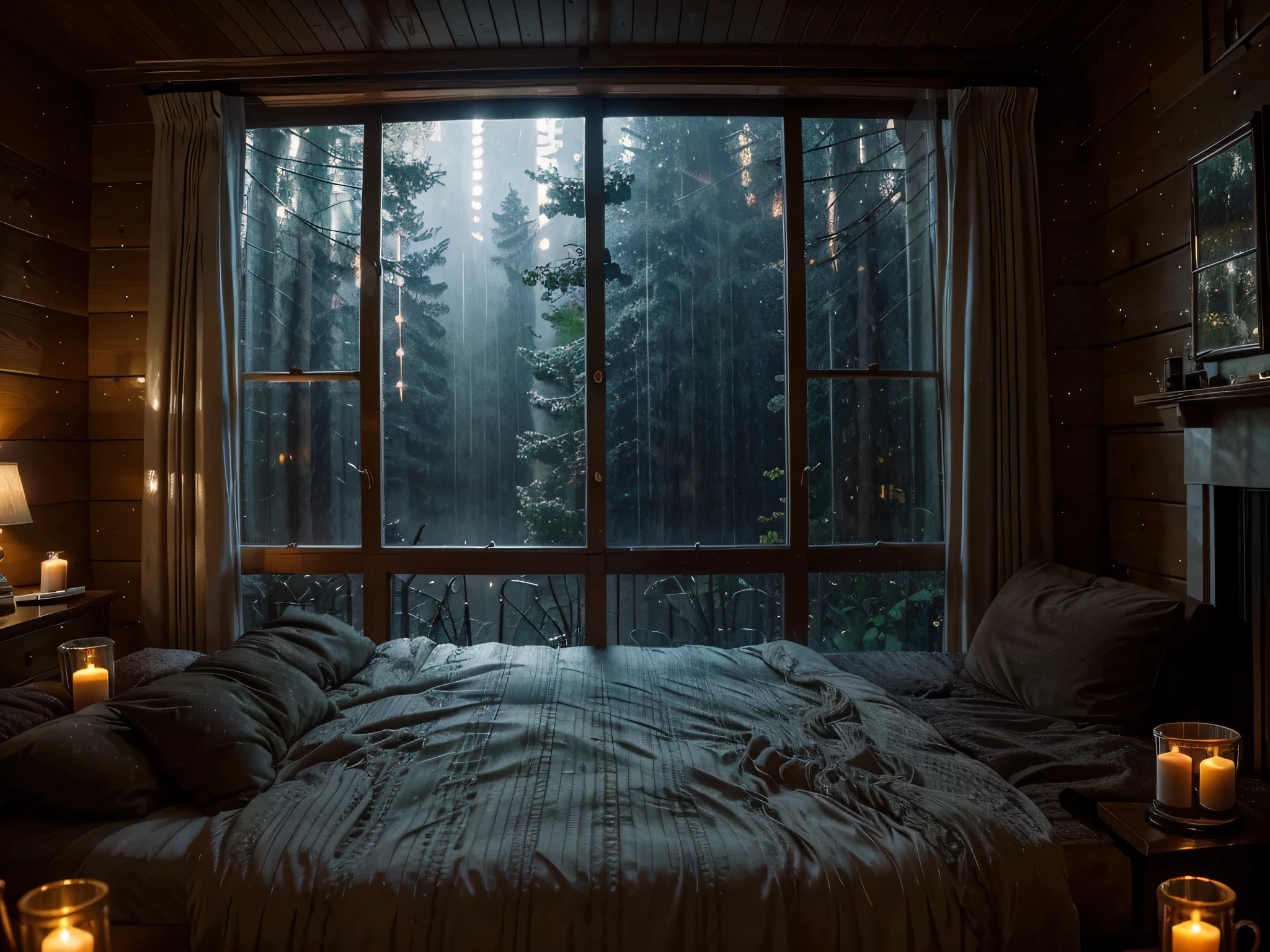 a dimly lit room with a big fireplace and a cozy bed in front of big windows, rainy night, cozy place, rainy evening, cozy atmosphere, fairy lights, twinkling, rain aesthetic, cozy home background, rainy mood, inside on a rainy day, raining at night, candles, fireflies, large windows to forest at night, rainy and gloomy atmosphere, rainy and wet atmosphere, lightening, enchanted forest, glowing, mountains, misty, dripping, fuzzy, soft, fluffy, warm