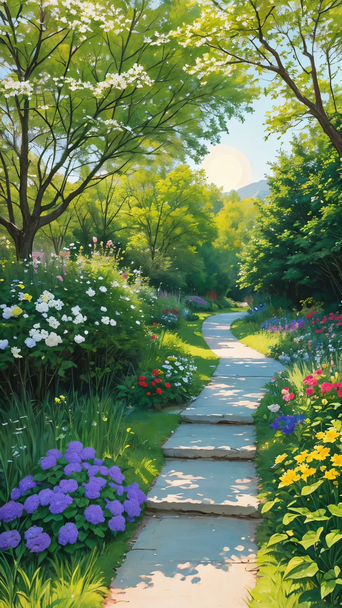 facefront，comic strip，Side Body，Sorissos，This is a spring landscape painting，outskirts，Multicolored flowers，and the sun is shining，（Colorful flowers）