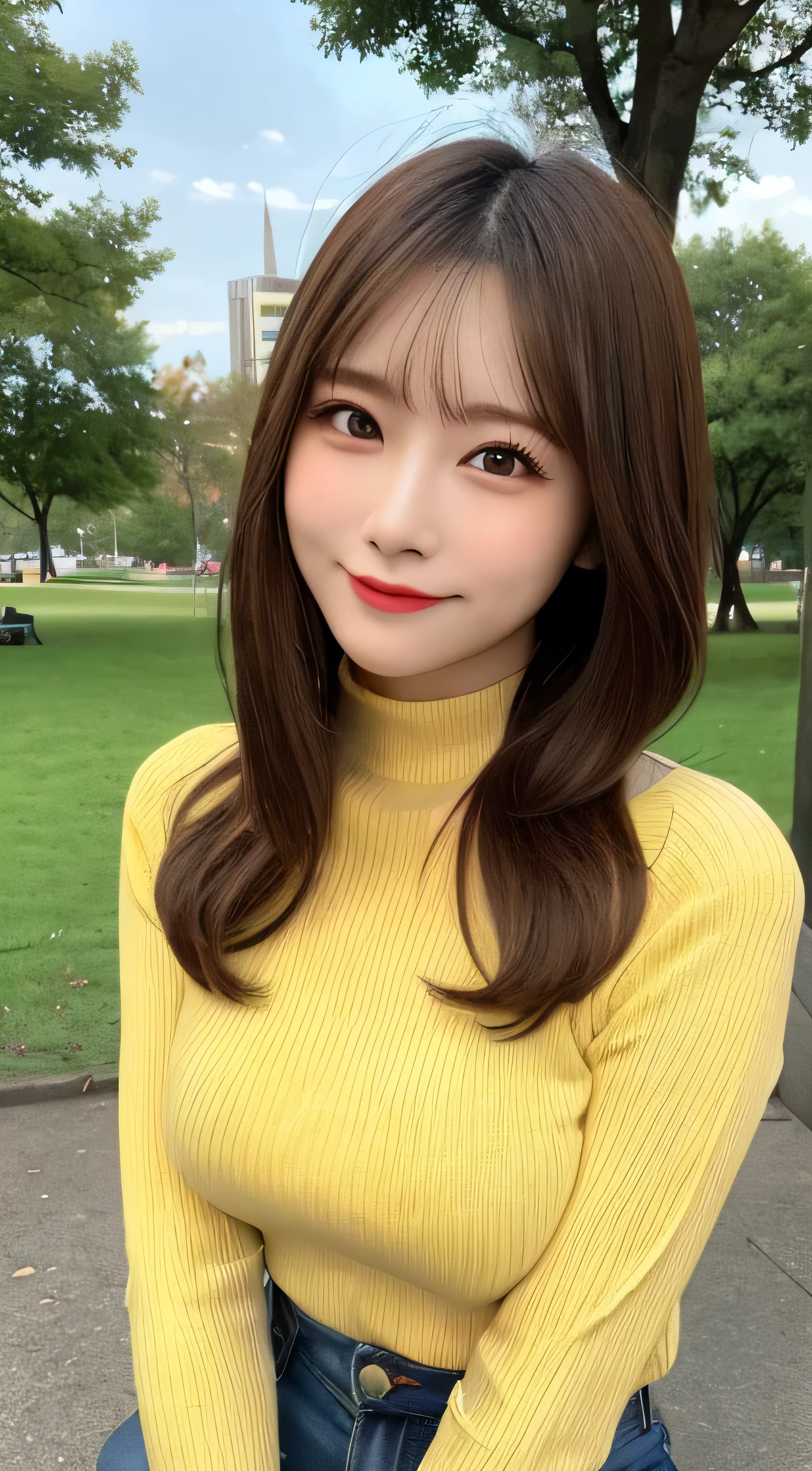 table top,highest quality,Photoreal,finely,High resolution,8k wallpaper,perfect dynamic composition,beautiful and detailed eyes,((blurred background in the park)),medium hair,smile,big breasts,emphasized chest,big breasts,random sexy pose,((tight mock neck knit sweater(yellow))),(Breast bulge 1.2),23 years old,(droopy eyes 1.4),Adult beauty,Japanese