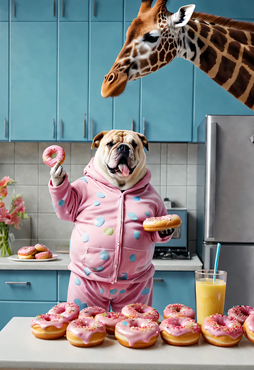 A chubby dog in pink pajamas is eating a donut ,A giraffe in a blue sportswear is frying vegetables. background: kitchen, high detail, Super quality, Surreal, anthropomorphic, photo, 8k, interesting, comical,