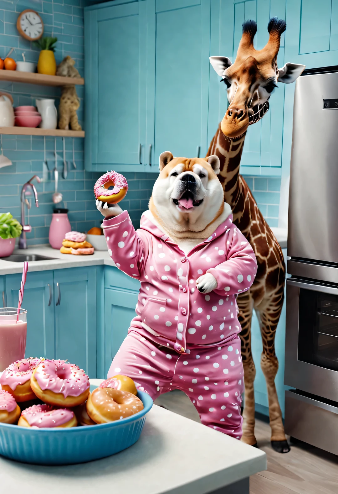 A chubby dog in pink pajamas is eating a donut ,A giraffe in a blue sportswear is frying vegetables. background: kitchen, high detail, Super quality, Surreal, anthropomorphic, photo, 8k, interesting, comical,