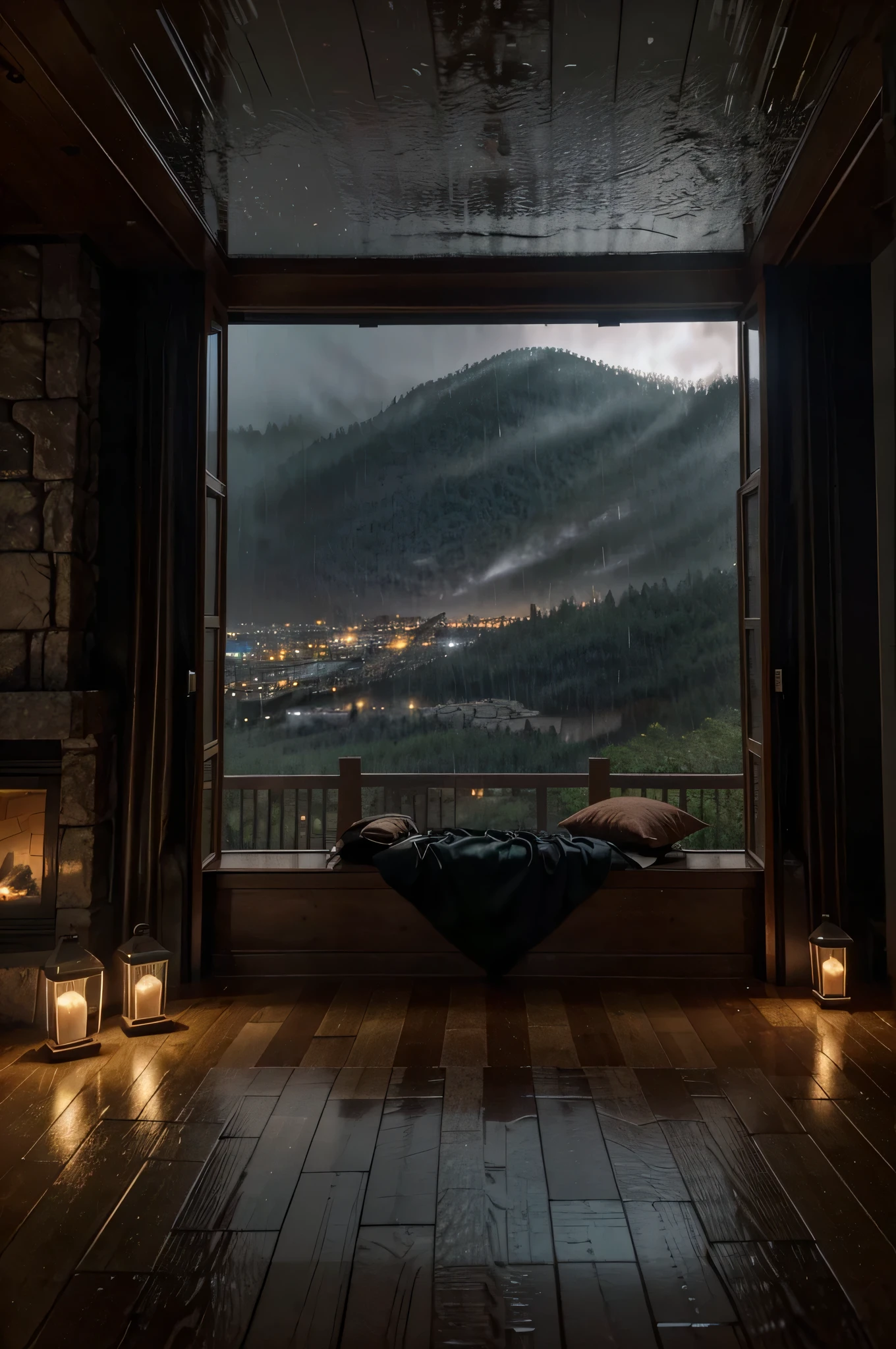 a dimly lit room with a big fireplace and a cozy bed in front of big windows, rainy night, cozy place, rainy evening, cozy atmosphere, fairy lights, twinkling, rain aesthetic, cozy home background, rainy mood, inside on a rainy day, raining at night, candles, fireflies, large windows to forest at night, rainy and gloomy atmosphere, rainy and wet atmosphere, lightening, enchanted forest, glowing, mountains, misty, dripping