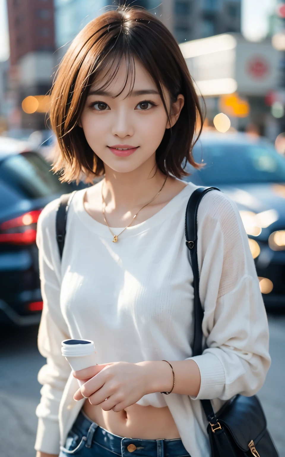 cute 21 year old japanese、Clear skies、shopping、city、super detail face、pay attention to details、double eyelid、beautiful thin nose、sharp focus:1.2、Beautiful woman:1.4、(light brown hair,short hair、),pure white skin、highest quality、masterpiece、ultra high resolution、(Photoreal:1.4)、Highly detailed and professional lighting、nice smile、Show the whole body、cute fall clothes、