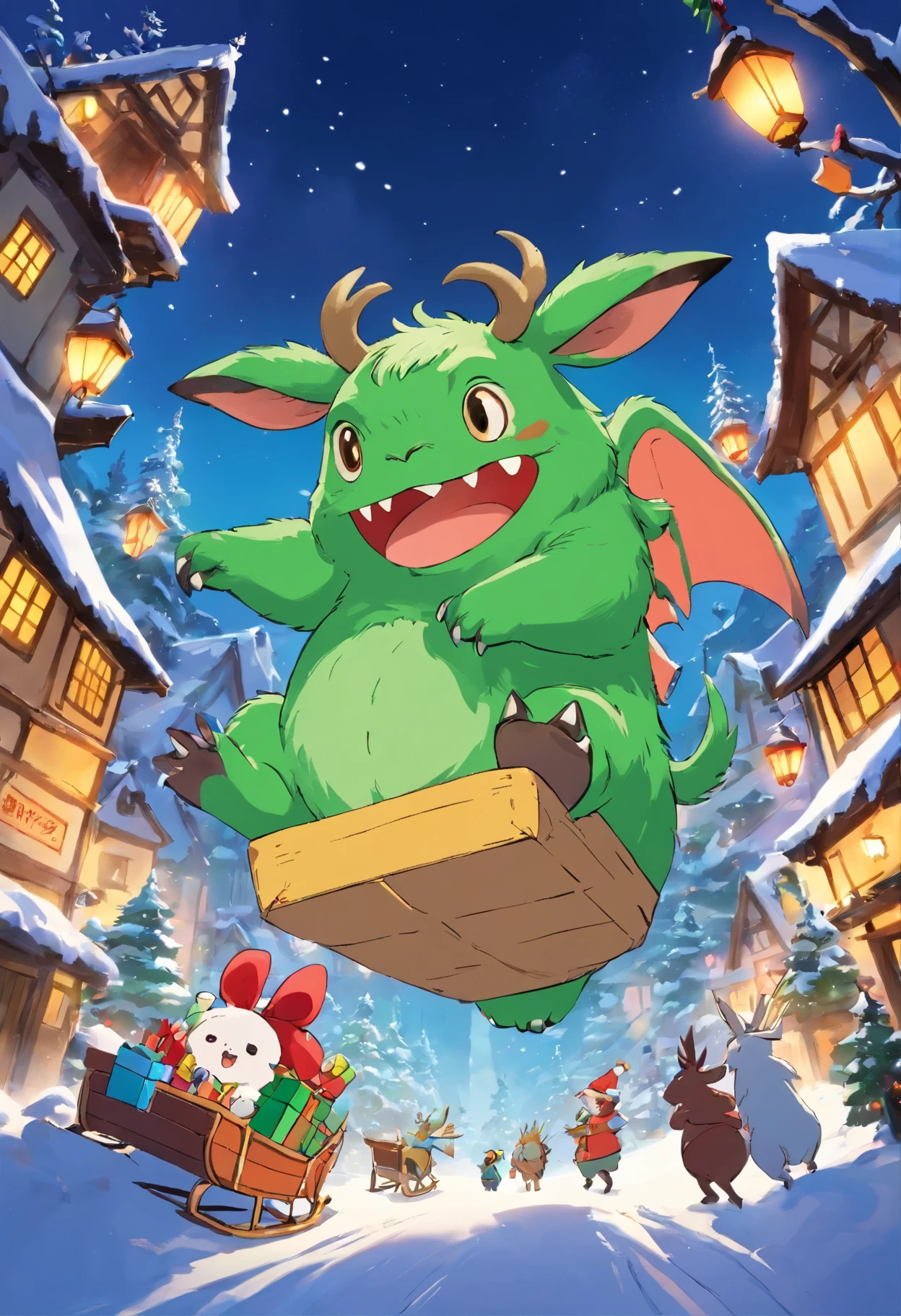 monster giving gifts，Green flull，big ear，The sleigh is piled with gifts，The sled almost capsized，The monster is catching it，An elk with lanterns wrapped around its horns，White background，Cute cartoon，logo design
