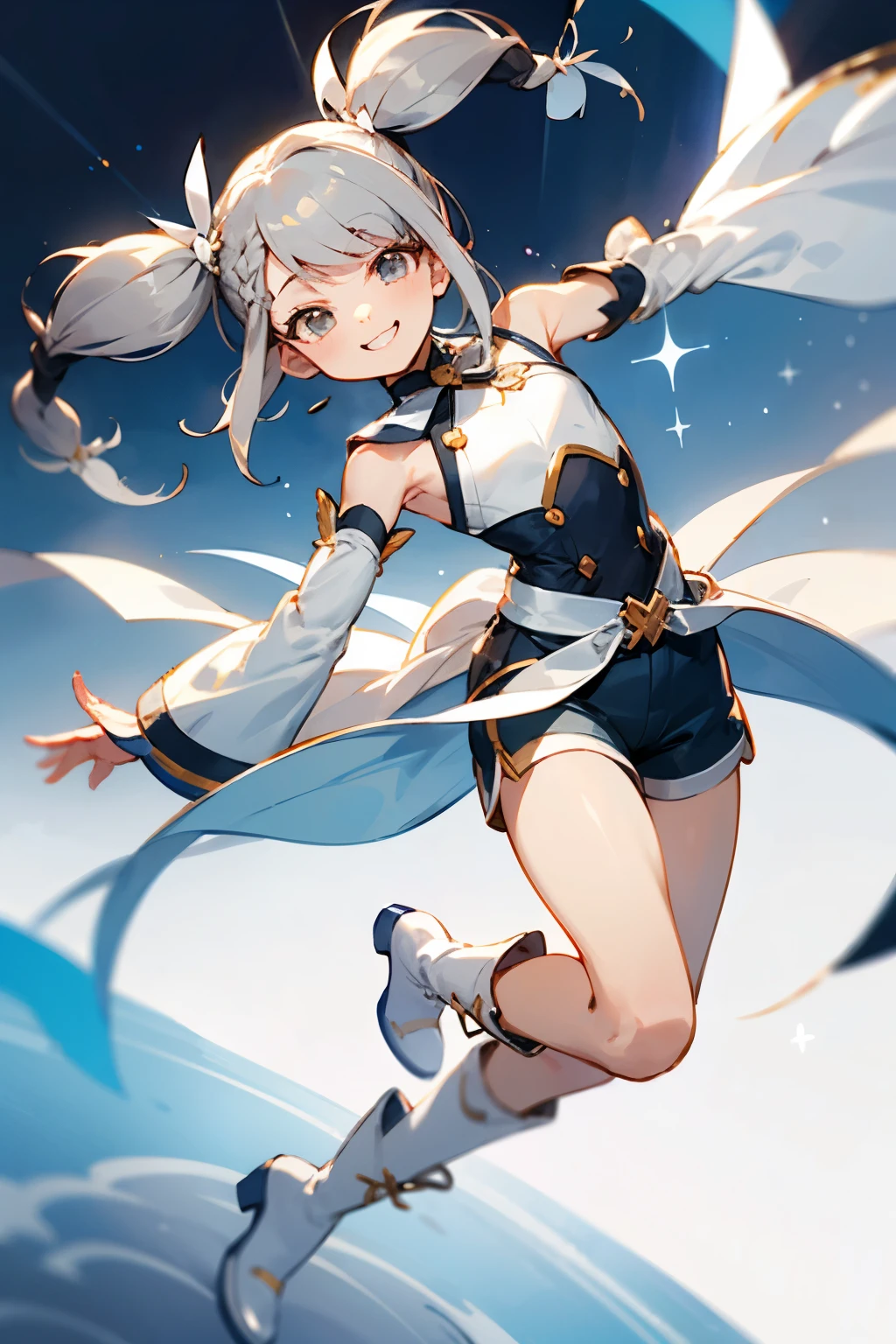 Cute and flashy costume like a magical girl,Shorts,Skantz,gray hair,braid twin tails,long hair that reaches waist,smile,Drooping eyes,Marume,White base,Detached sleeves,cute white ribbon hair ornament,whole body,white boots,Osomatsu-san