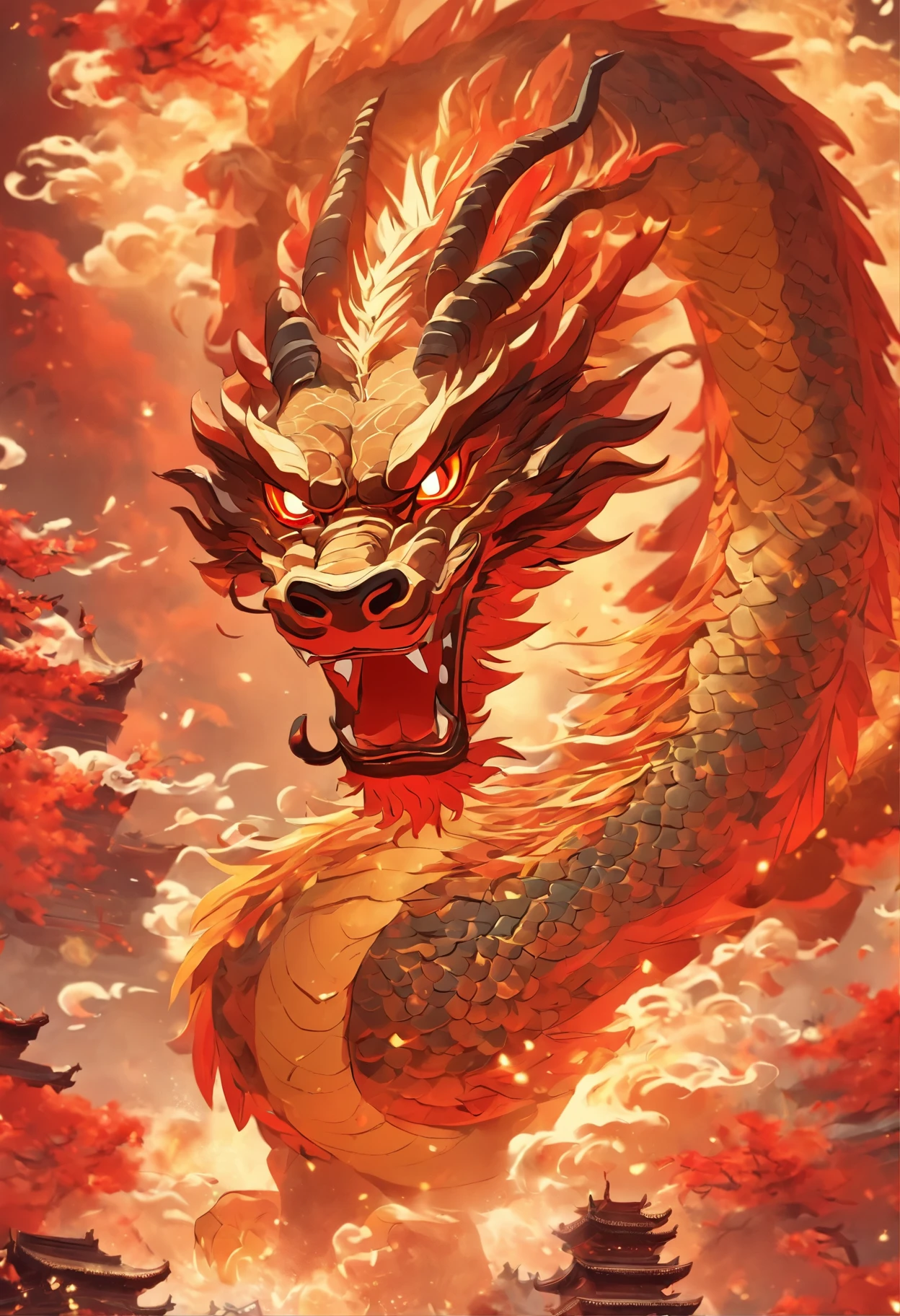 chinesedragon,Traditional Chinese culture,levitating,meander,Red tone,tmasterpiece,4K