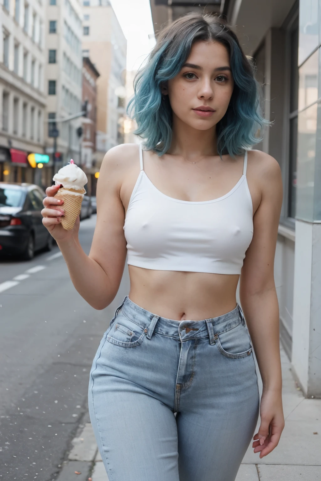 beautiful woman with turquoise hair, light freckles, in the city, eating ice cream, wearing jeans, white top, slim body, fit, thick thighs, dreamy and romantic compositions