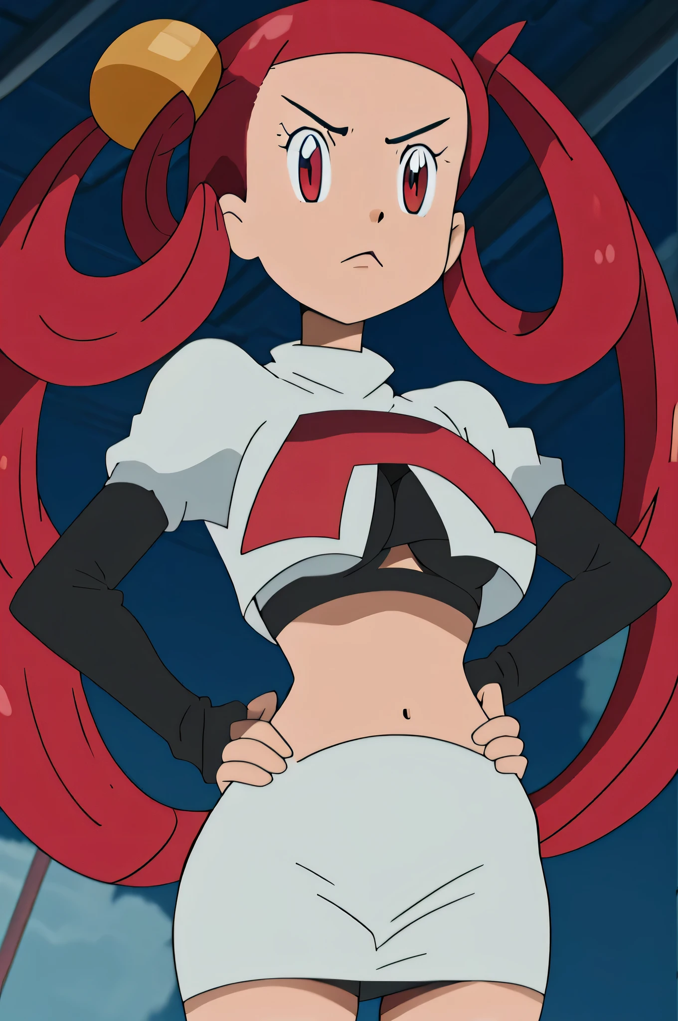 1girl in, (Solo:1.2), (Perfect body:1.1), (Best Quality:1.1), , very large breast, hands on hip,team rocket uniform, red letter r, white skirt,white crop top,black thigh-high boots, black elbow gloves, glaring angrily, looking at viewer, hands on hips,zettai ryouiki, Mira