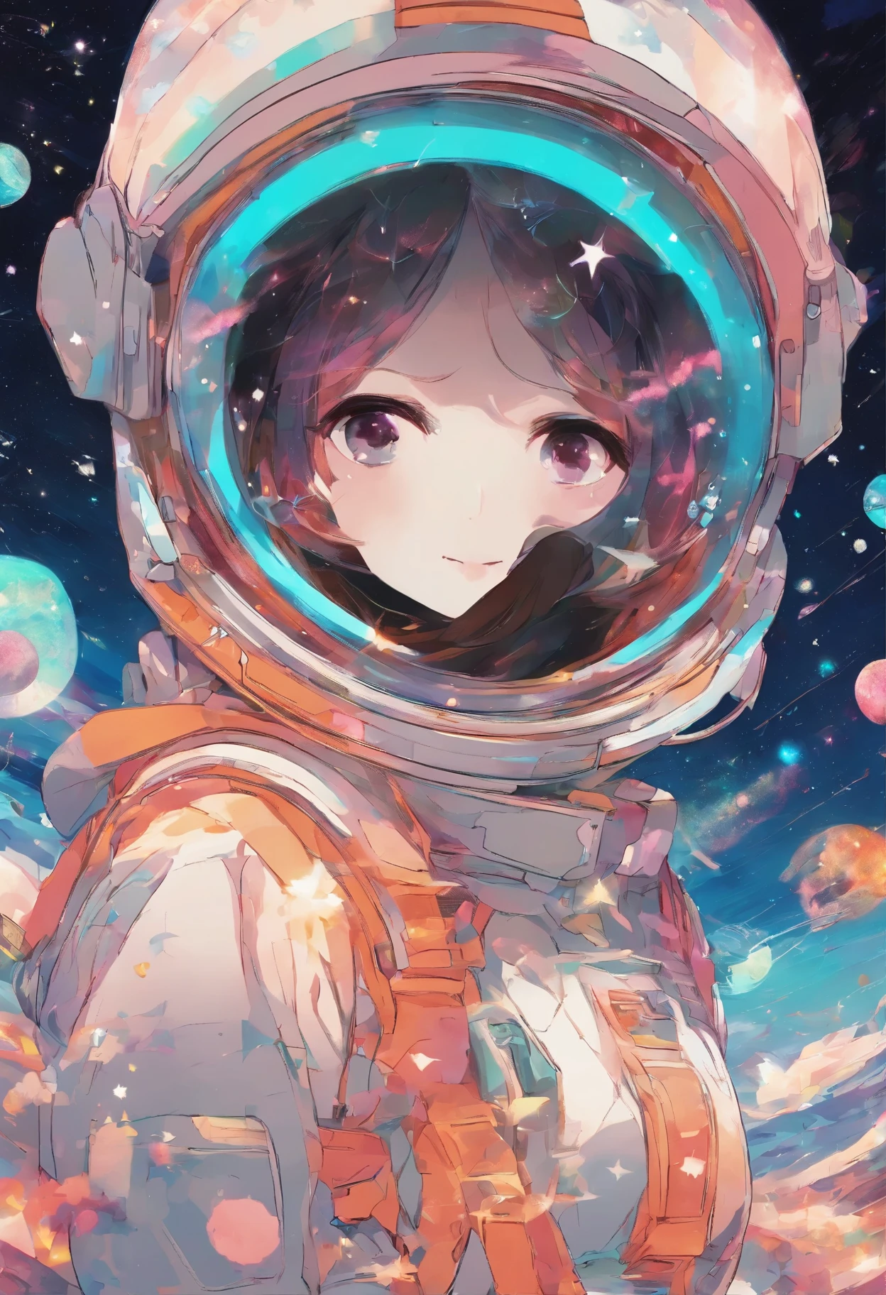 A stunning masterpiece of 8K RAW imagery, Glitter Splash captures the beauty of space, featuring a girl astronaut surrounded by a mesmerizing starry sky, brilliant aerial fireworks, and breathtaking views of the Northern Lights dancing in the Milky Way. A festival-like atmosphere with a fisheye lens effect.