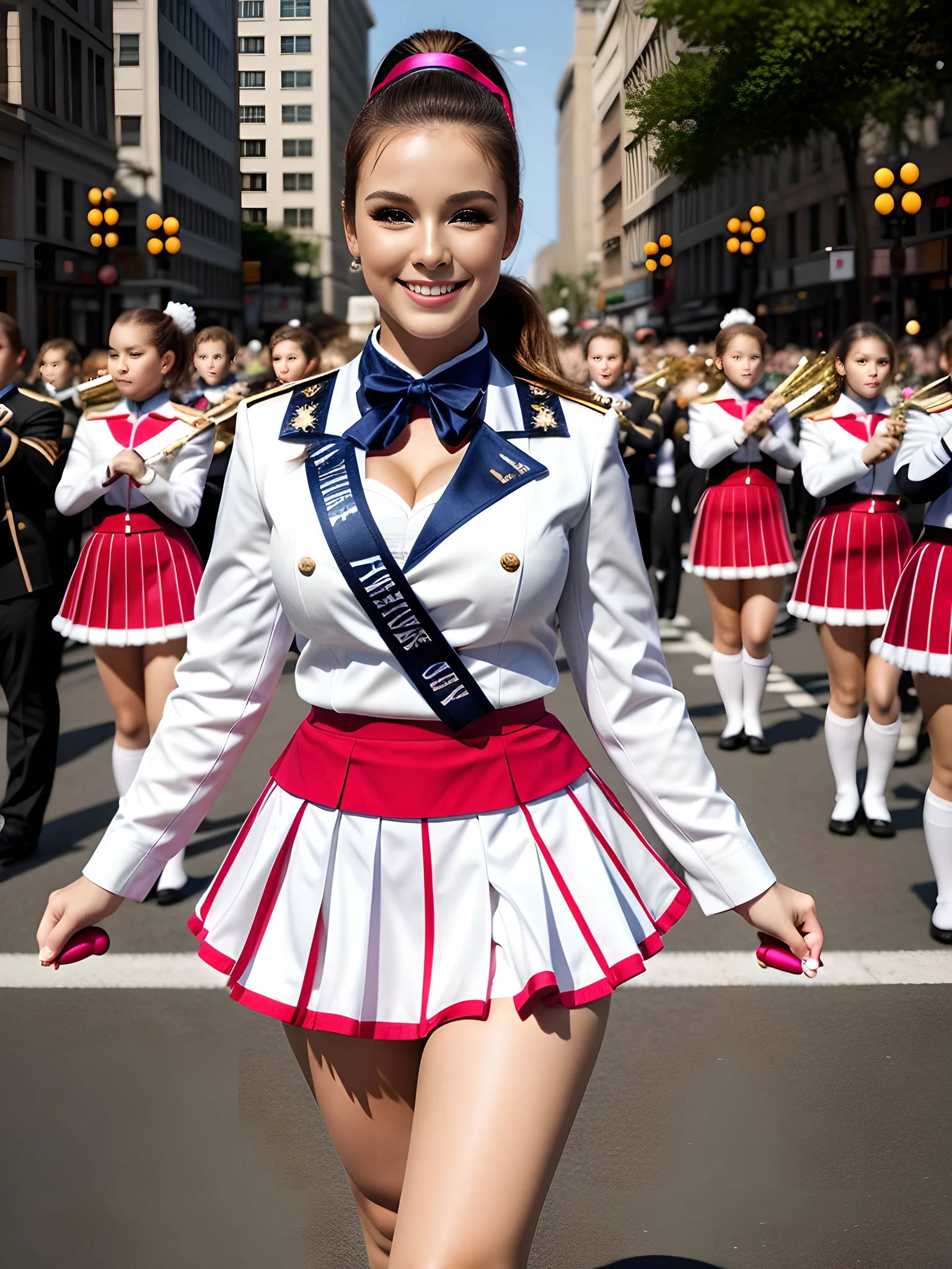 ((best quality)), ((best work)),(( ultra detail)), portrait, wide shooting angle, female majorette, beautiful, sexy, (half ponytail hair), detailed eyes, detailed face, bright face , big breasts, sweet smile, dynamic pose, holding a stick, (majorette uniform), cleavage, (short folded skirt), lingier, stockings, big thighs, shoes, background, neatly lined up marching band, streets, crowded, buildings, highly detailed, photo realistic, ((depth of field)), soft lighting, three items in the art station, conceptual art, ((intricate detail)), canon_dslr, hdr, 8k
​