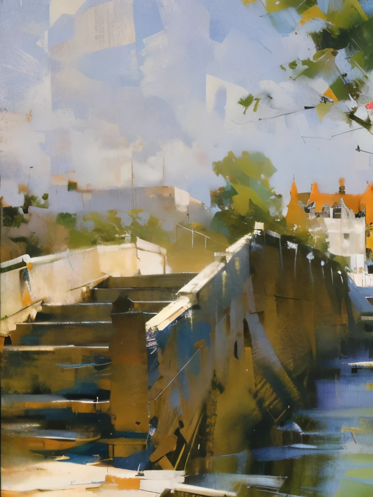 There is an old photo，There is a bridge above，There are steps above, old bridge, city wall，painting，landscape，gardens，River under the bridge，Impressionism，Sunlight