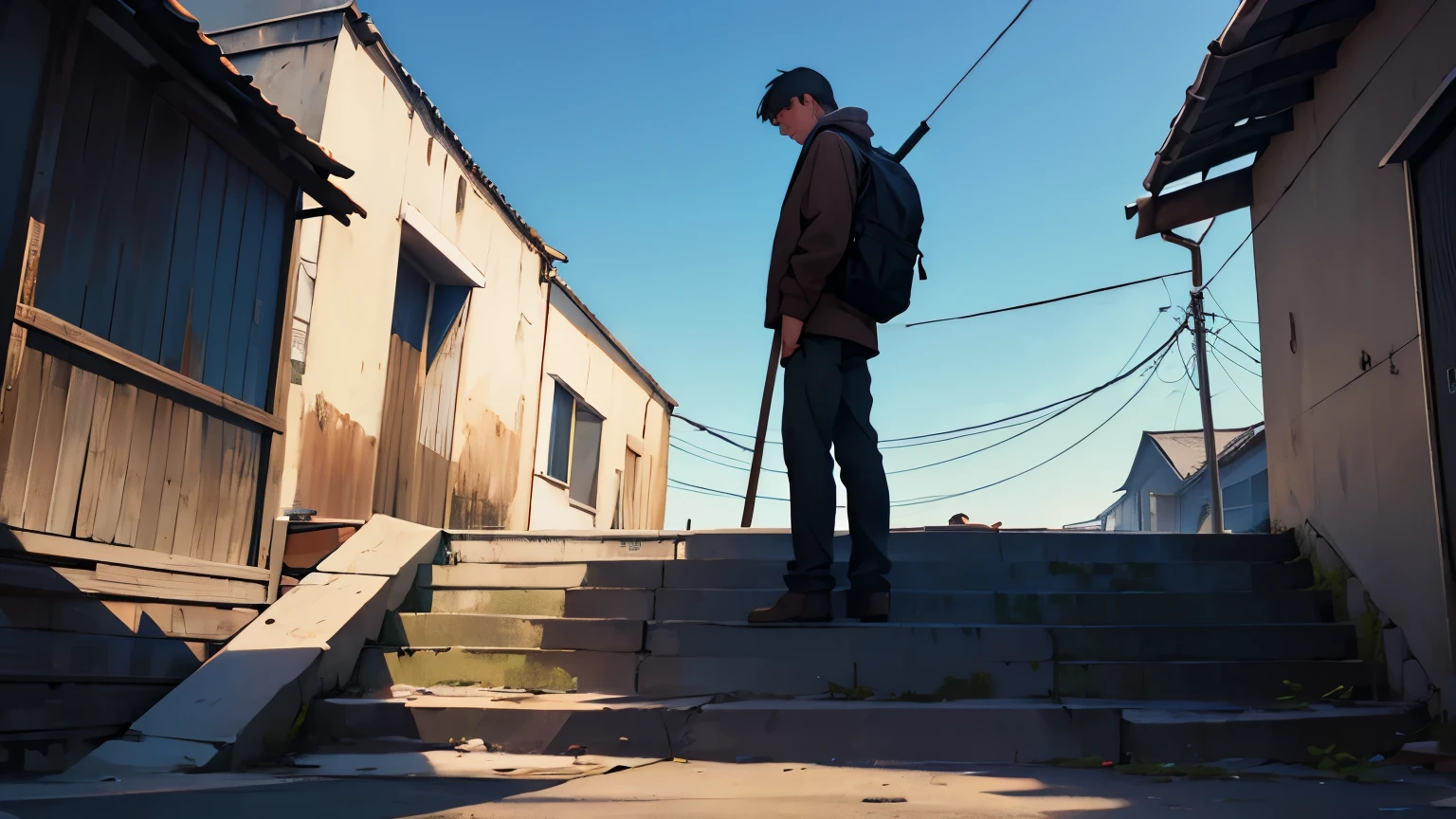 man standing on roof, sad scene, wide angle