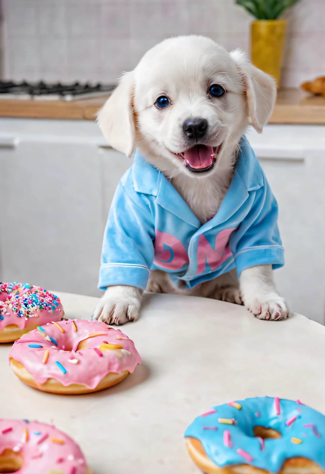 （A white puppy is chewing a donut）， Wearing pink and blue pajamas, Dynamic eating actions,
background: in front of the kitchen table, With high detail, super high quality, Surreal, anthropomorphic, photo, 8k, interesting, comical,