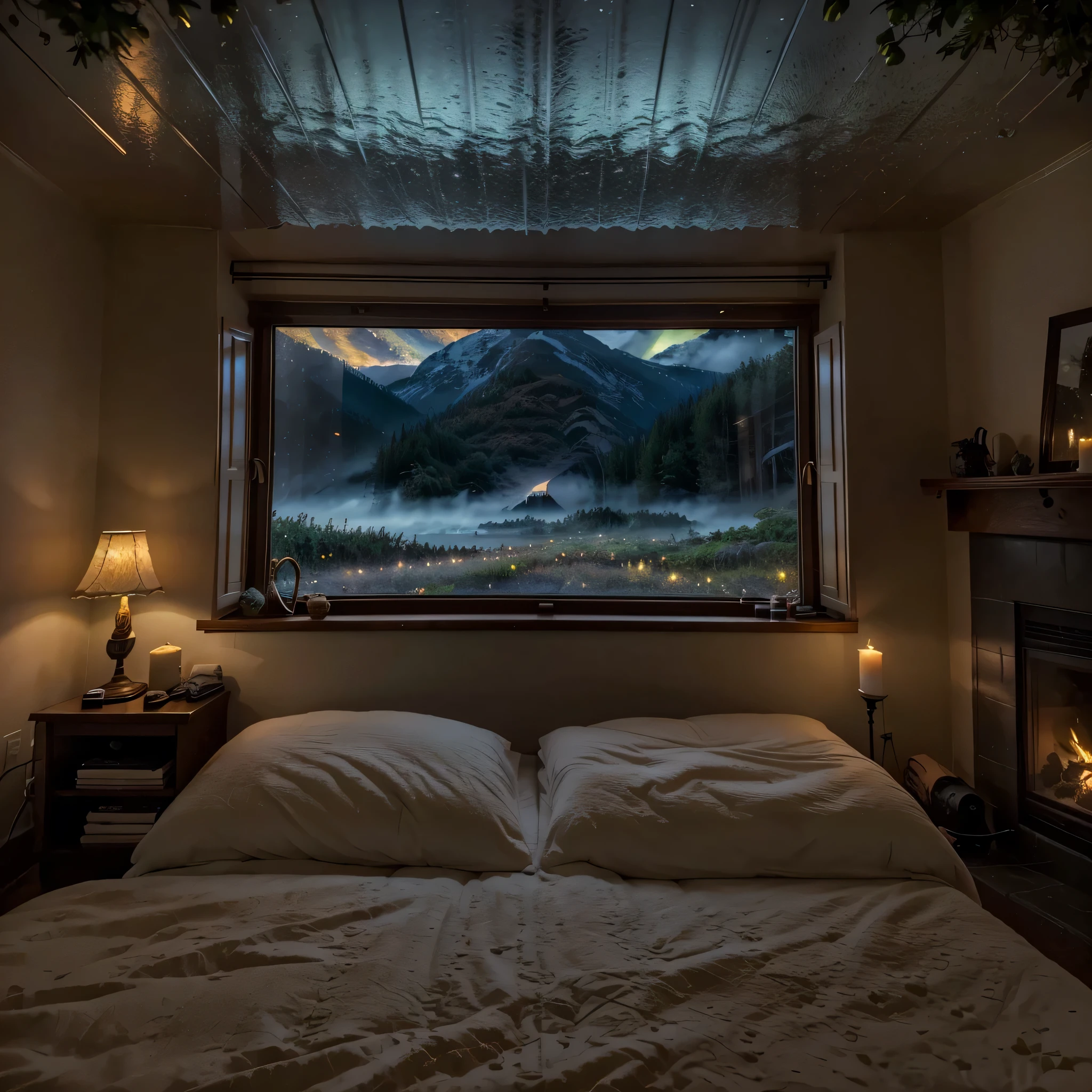 a dimly lit room with a big fireplace and a cozy bed in front of big skylights, epic view, stunning windows, starry night, cozy place, home atmosphere, fairy lights, twinkling, rain aesthetic, cozy home background, romancing mood, inside on a rainy night, candles, fireflies, forest outside, romantic, lightening, enchanted forest, glowing, mountains, misty, dripping, fuzzy blankets, soft bedroom, fluffy bed, warm pillows, dancing flames, petals, flowers, aurora, milky way