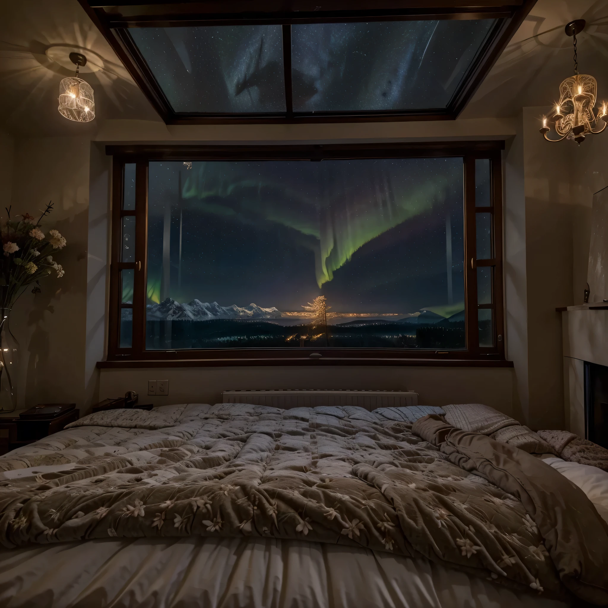 a dimly lit room with a big fireplace and a cozy bed in front of big skylights, epic view, stunning windows, starry night, cozy place, home atmosphere, fairy lights, twinkling, rain aesthetic, cozy home background, romancing mood, inside on a rainy night, candles, fireflies, forest outside, romantic, lightening, enchanted forest, glowing, mountains, misty, dripping, fuzzy blankets, soft bedroom, fluffy bed, warm pillows, dancing flames, petals, flowers, aurora, milky way