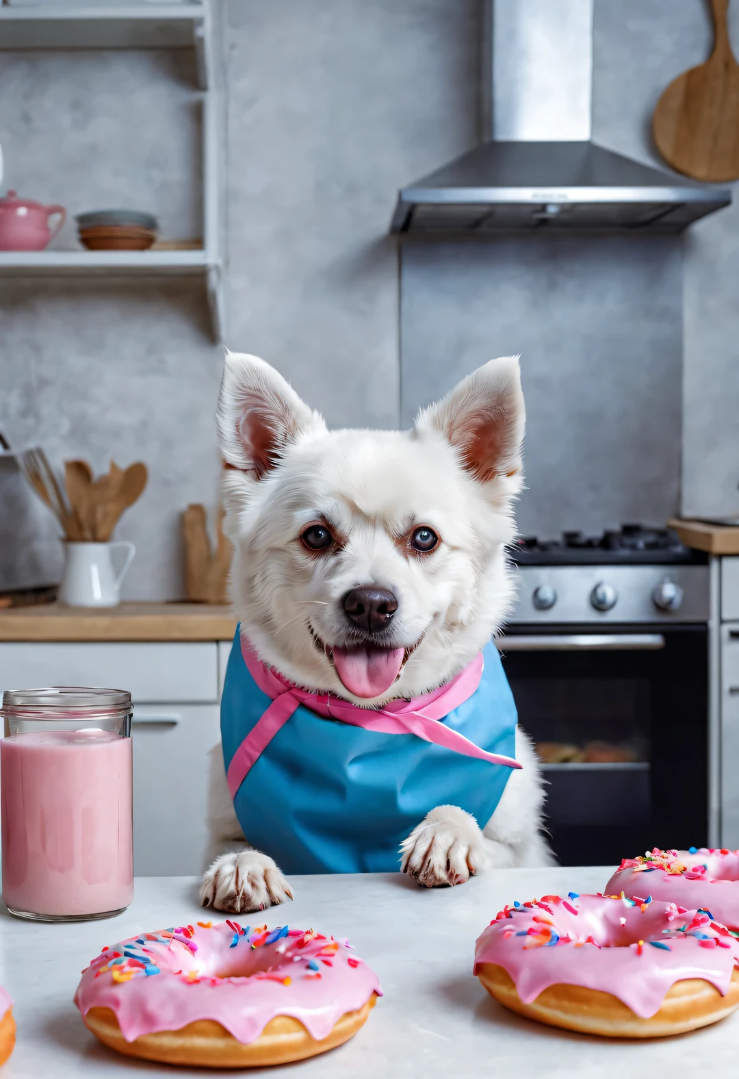 A beautiful white dog is eating a donut, Wearing a pink and blue apron, With stir fry and dynamic movements. background: kitchen, mist, flame,
high detail, Super quality, Surrealism, anthropomorphic, photo, 8k, pleasure, comical,