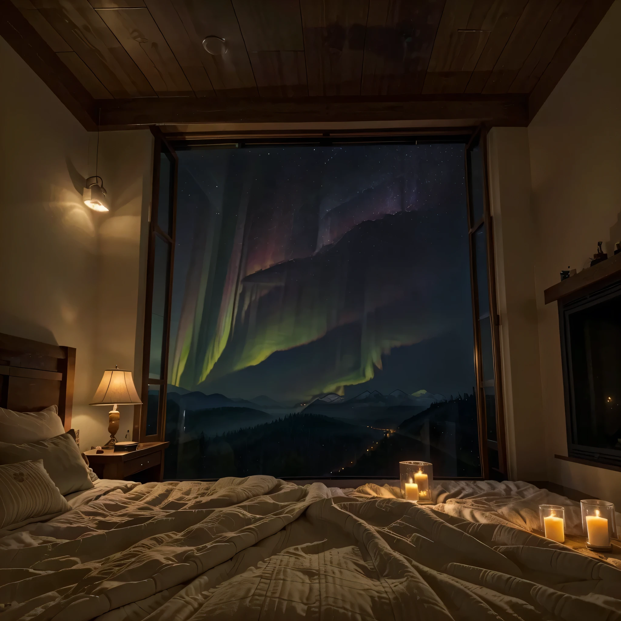 a dimly lit room with a big fireplace and a cozy bed in front of big skylights, epic view, stunning windows, starry night, cozy place, home atmosphere, fairy lights, twinkling, rain aesthetic, cozy home background, romancing mood, inside on a rainy night, candles, fireflies, forest outside, romantic, lightening, enchanted forest, glowing, mountains, misty, dripping, fuzzy blankets, soft bedroom, fluffy bed, warm pillows, dancing flames, petals, flowers, aurora, milky way